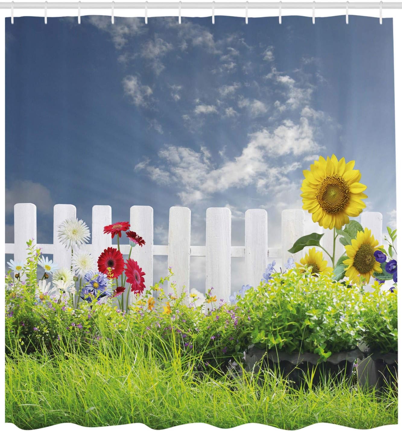 Ambesonne Rustic Shower Curtain, Grass Foliage Field Sunflowers Daisy Hedge Fence Yard Jardin Nature Art, Cloth Fabric Bathroom Decor Set with Hooks, 69" W x 75" L, White Green Blue