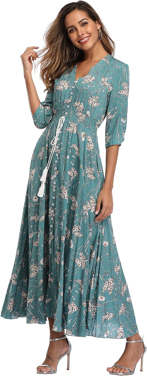 VintageClothing Women's Floral Maxi Dresses with Sleeves Flowy Boho Beach Dress - Image 4