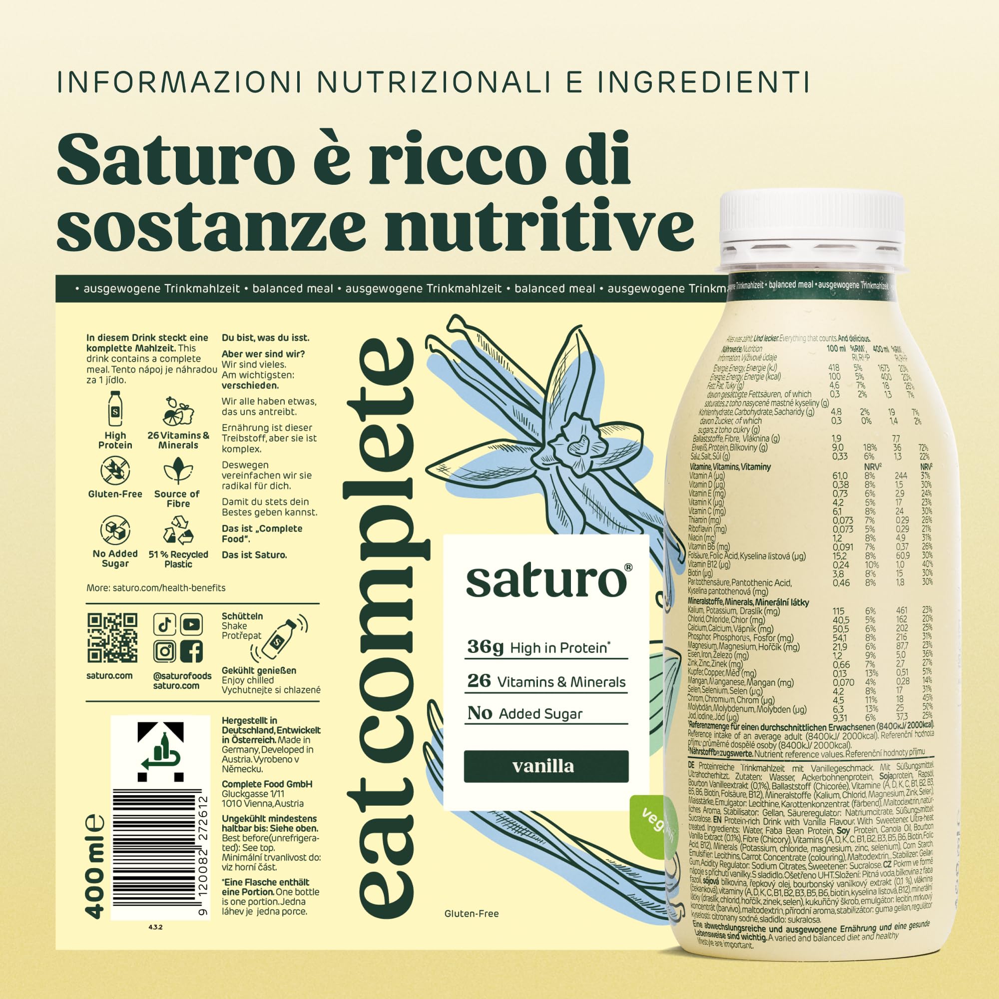 Saturo Pasto Sostitutivo Frullato Gusto Vanilla | 36 g di proteine & senza zucchero | 400 kcal | Vegano | Pasto Bevibile con Nutrienti Essenziali | Vaniglia | 6 x 400 ml