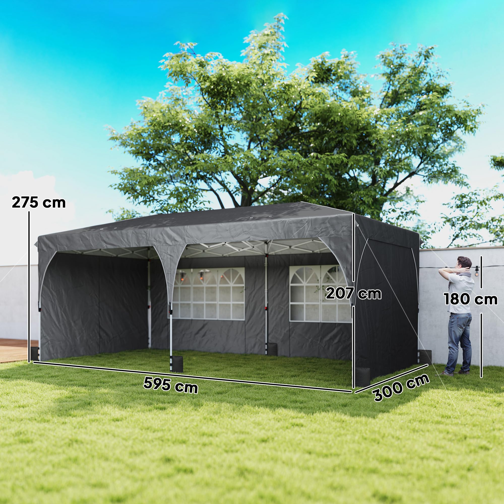 Outsunny Carpa Plegable 3x6 m Pop-up con 4 Laterales Extraíbles Gris | Cenador de Jardín, Tiras Reflectantes, Altura Ajustable, Sistema Central de Bloqueo, UPF50+, Impermeable, Bolsa Transporte
