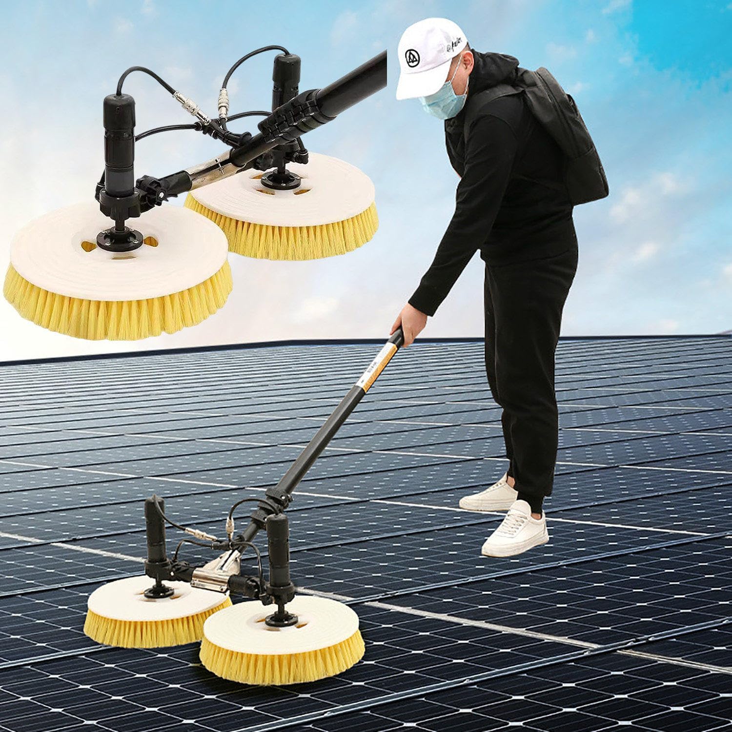 Kit spazzola pannelli fotovoltaici, spazzola elettrica con batteria ricaricabile, asta telescopica in lega, spazzola rotante doppia da 65 cm, tubo flessibile da 29 m e cavo da 9 m ,750cm