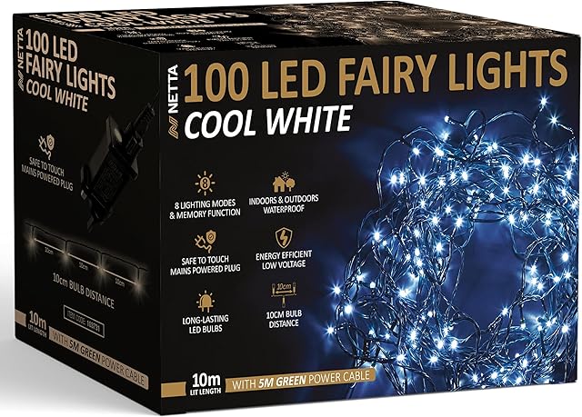 NETTA Christmas Tree Fairy Lights - 100 LED Cool White with 8 Different Modes; for Outdoor & Indoor Use, Plug in Xmas Party Decorations - 100 LED/ 10M Lit-Length