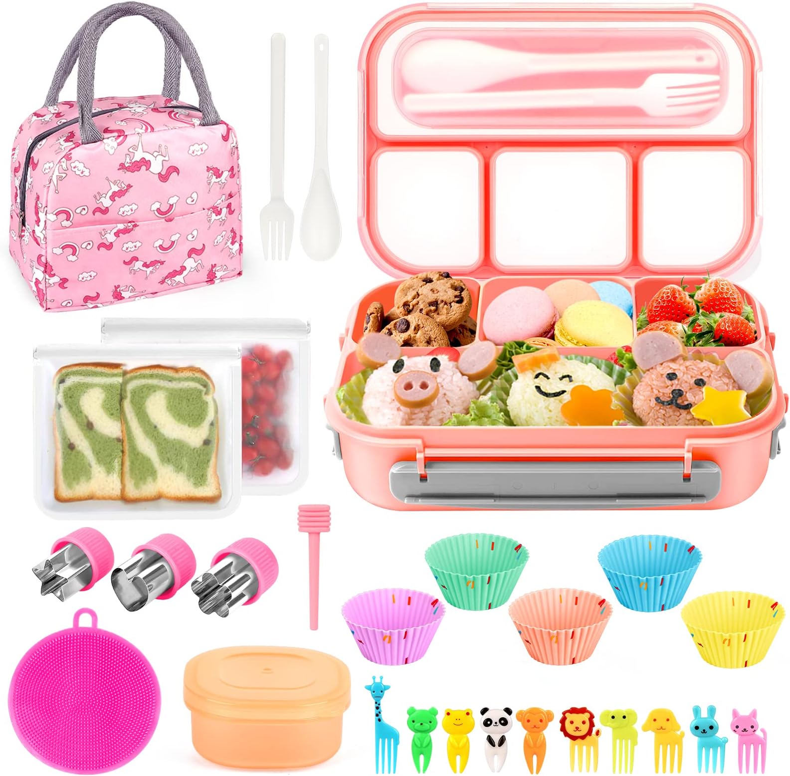 27Pcs Bento Box Lunch Box Kit, 1300ML Lunch Container for Kids/Adults, Leak-proof Box 4 Compartments with Utensils Spoon Fork Bag Accessories, Microwave Dishwasher Freezer Safe,BPA-Free