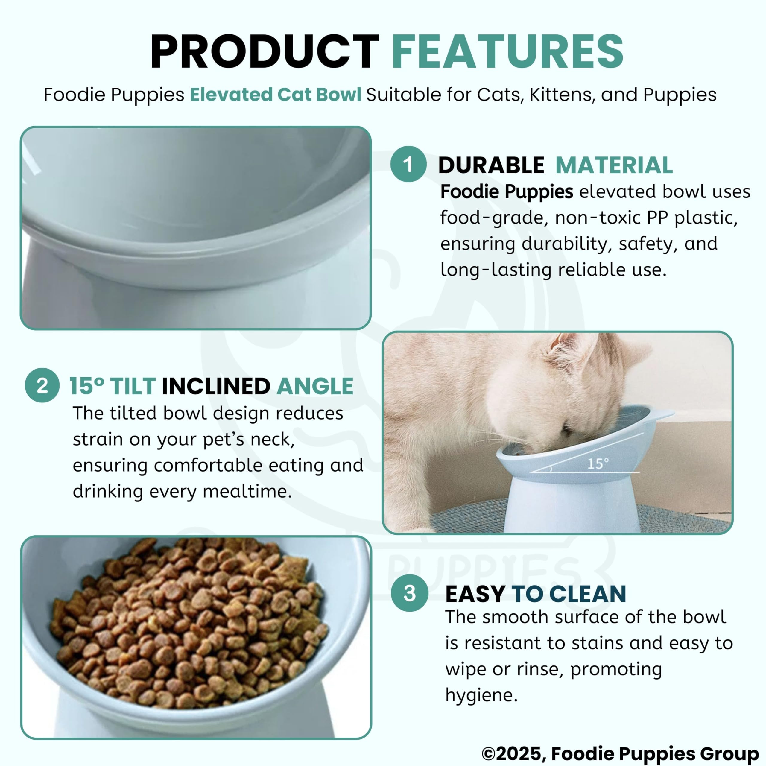 Foodie Puppies Elevated Cat Bowl Feeder Food Water Feeder Bowl for Cats, Kittens & Puppies - (Set of 2) | Persian Cat Food Bowl Tilted Raised Bowl Anti Vomiting 15° Slanted Bowl (Color May Vary) 1