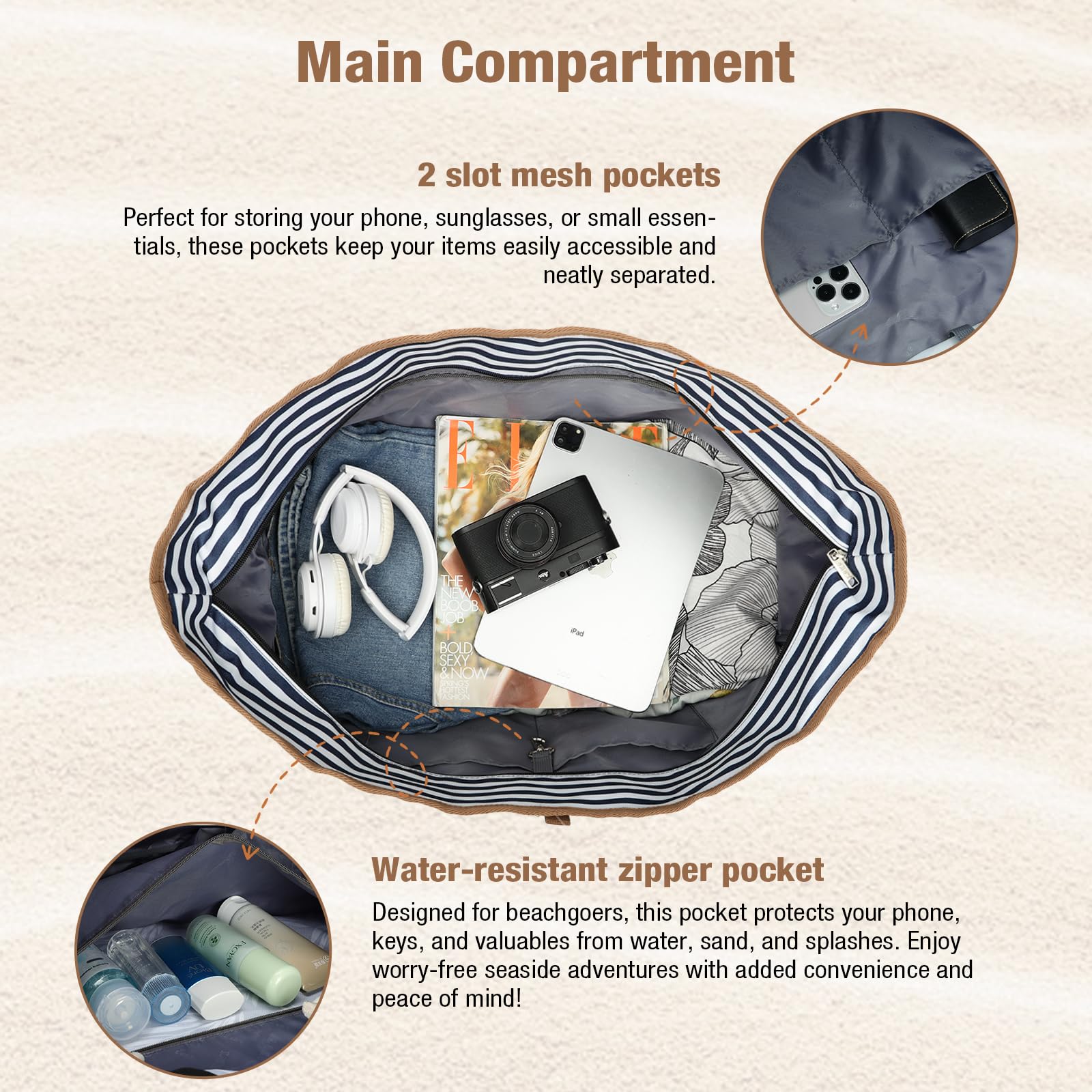 Lekespring Borsa Spiaggia Donna Pieghevole, Borsa Mare Grande XXL Famiglia con Scomparto Scarpe Separato, Impermeabile Shopping Borsa Tote Bag con Cerniera per Spiaggia Viaggio Sportiva, Strisce