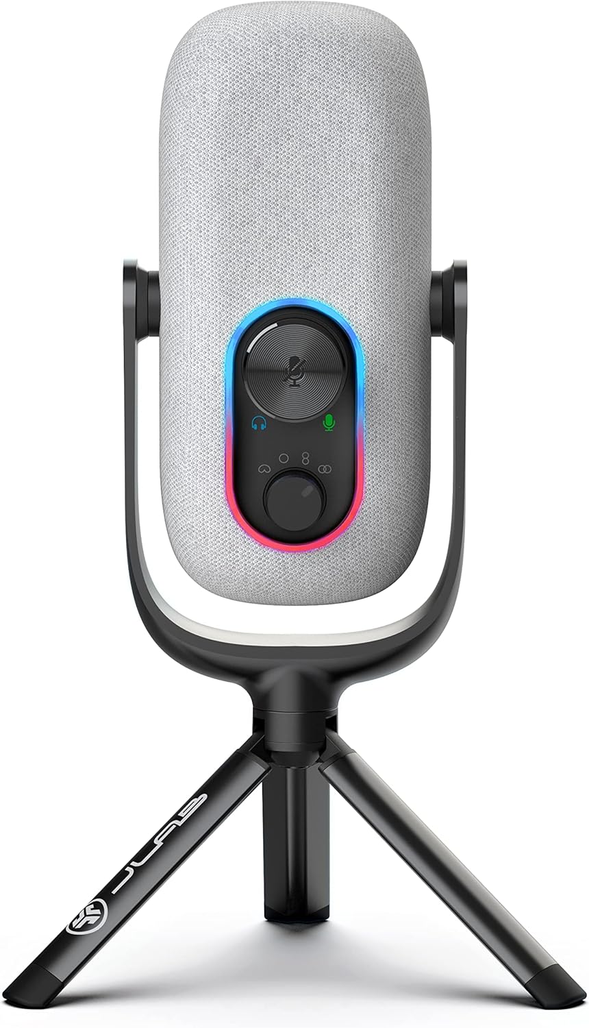 JLab Epic Talk USB Gaming Streaming Microphone, White, USB-C Output, Cardioid, Omni, Stereo, Bi-Directional, 192k Sample Rate, Volume Control, Gain Control, and Quick Mute, 3.5mm AUX, Plug and Play