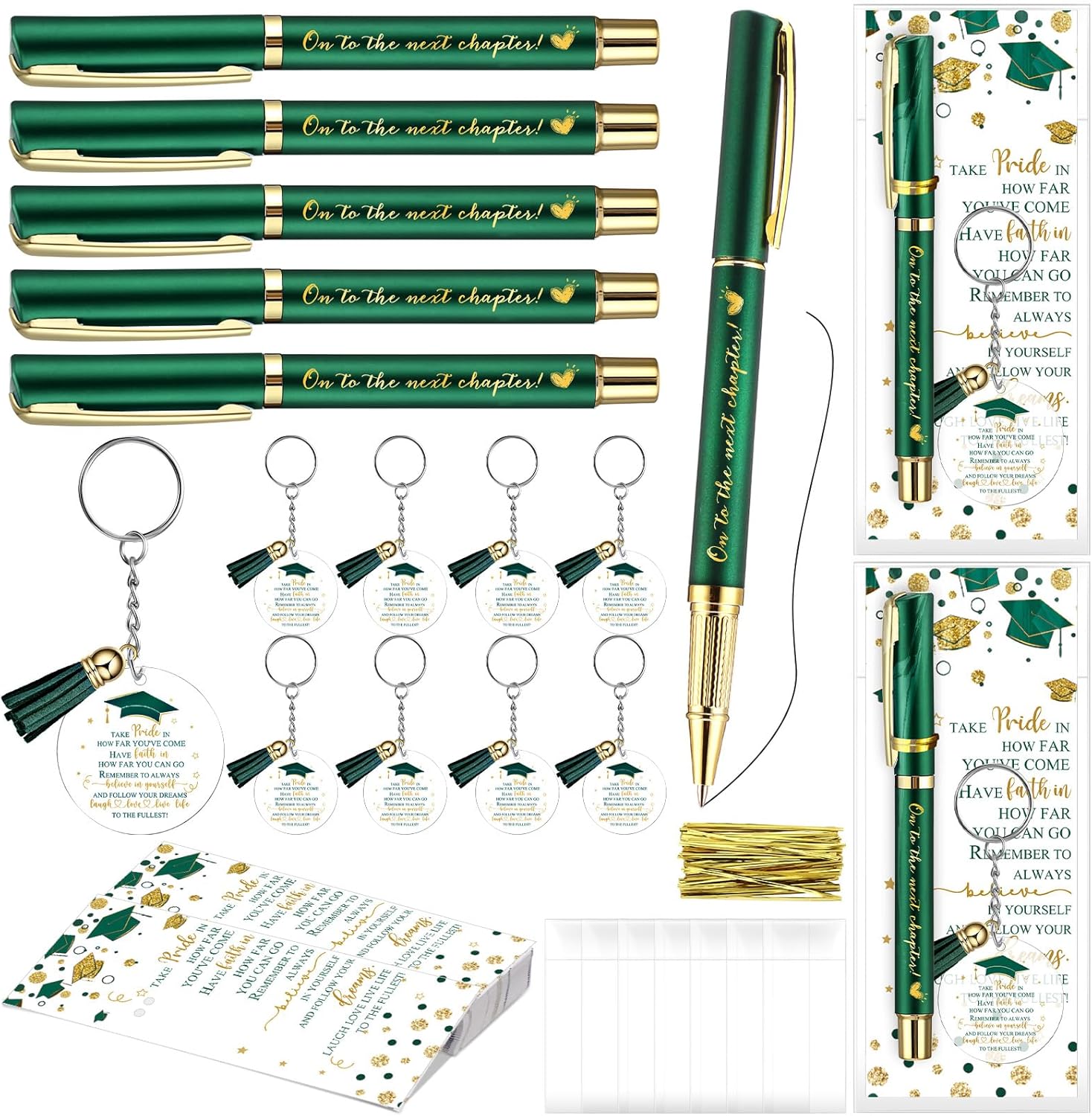 50 Set Graduation Gifts Party Favor, Class of 2026 Graduation Gifts Bulk Include Ballpoint Pens Positive Cards Acrylic Keychains with Tassel for Middle Senior School Party Supplies (Green)