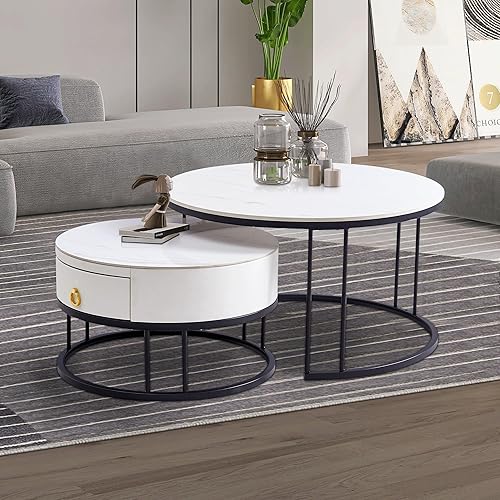 Juego de 2 mesas auxiliares anidables de 27.6 pulgadas, mesas de centro redondas de piedra sinterizada con cajón y marco de metal, mesa central de