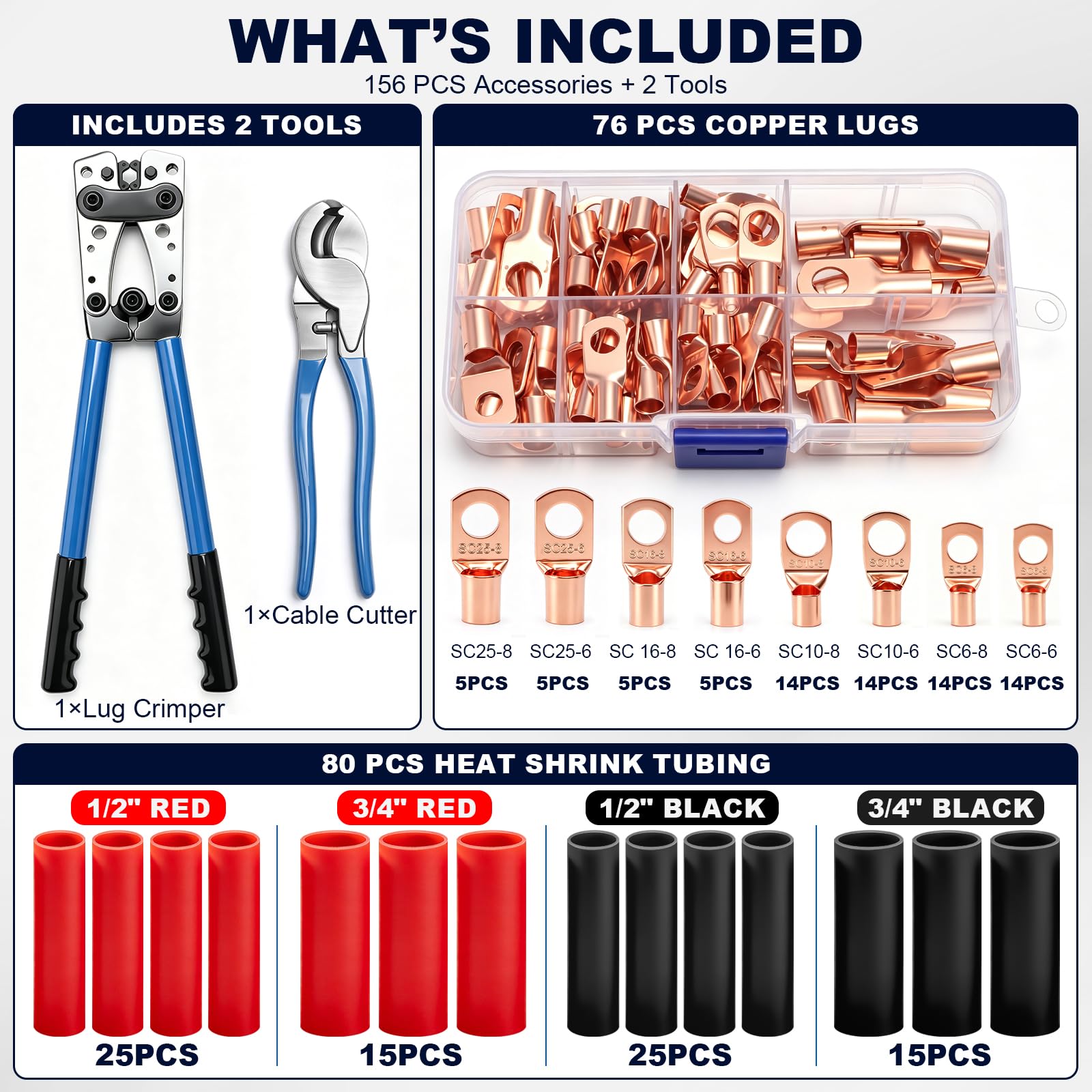 Kit de herramientas de crimpado de terminales de cable de batería, juego de accesorios de 156 piezas con 2 herramientas, crimpadora AWG 10-1/0 con cortador de cable, 76 lengüetas de cobre y 80 tubos