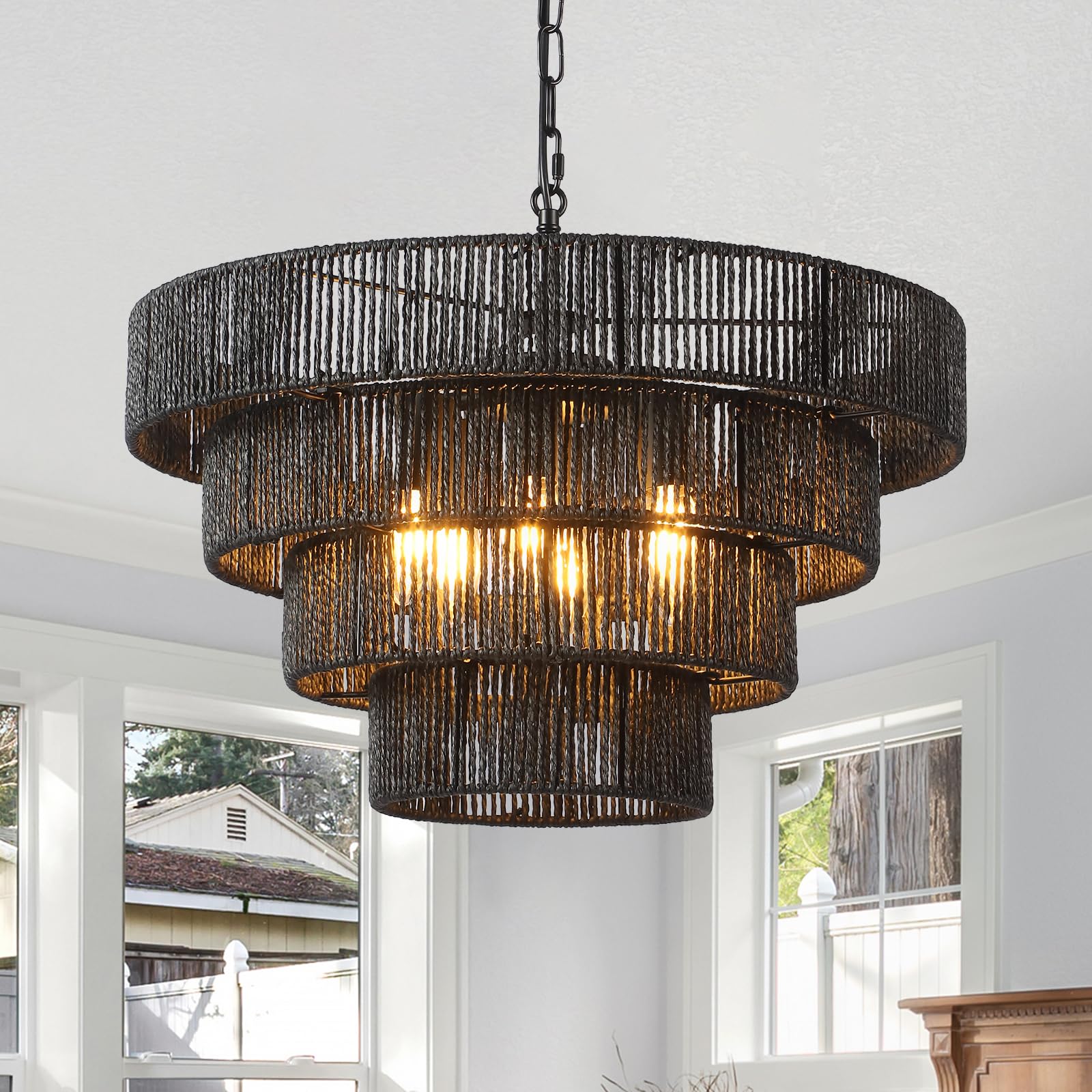 50Cm Boho Pendelleuchte,Handgewebt Lampenschirm Rattan 6-Leichter HäNgelampe 4 Runde ÜBergangs-Rustikal GroßEr Lampenschirm HäNgelampe FüR Esstisch Wohnzimmer KüChe Schlafzimmer,Matt Schwarz