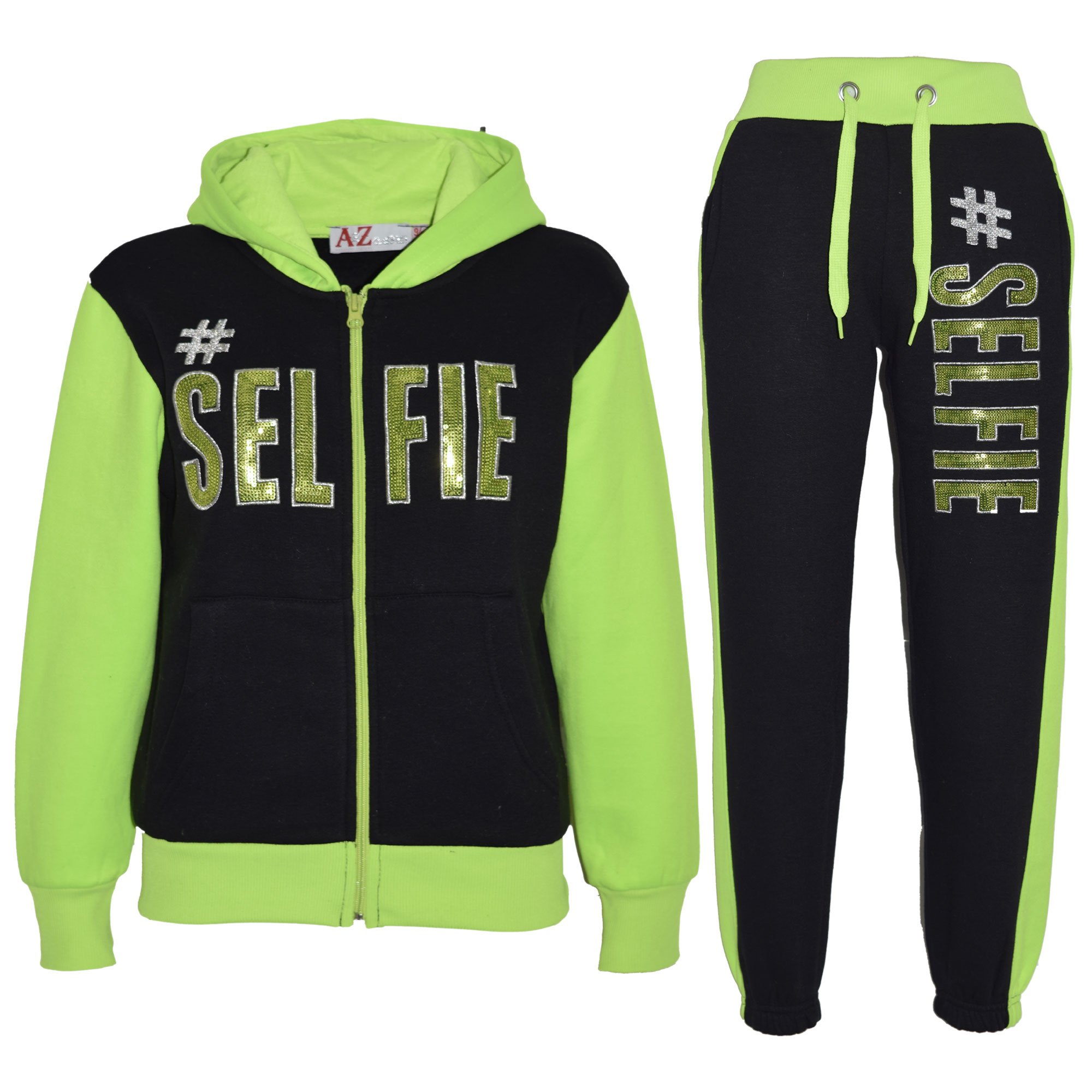 A2z 4 Kids Girls Black & Neon Green Tracksuit Hooded Sweatshirt Top Bottoms Comfortable Gym Jogging Suit - T.s Selfie Black Neon Green 13
