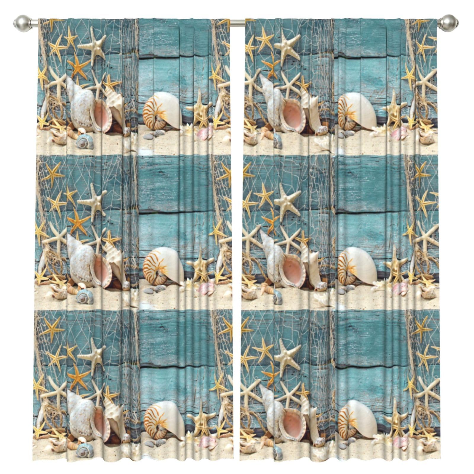 InOmak Sea Beach Starfish On Fishing Net, 2 Panels Window Curtains 52 x 84 Inch Blackout Curtains for Living Room Bedroom