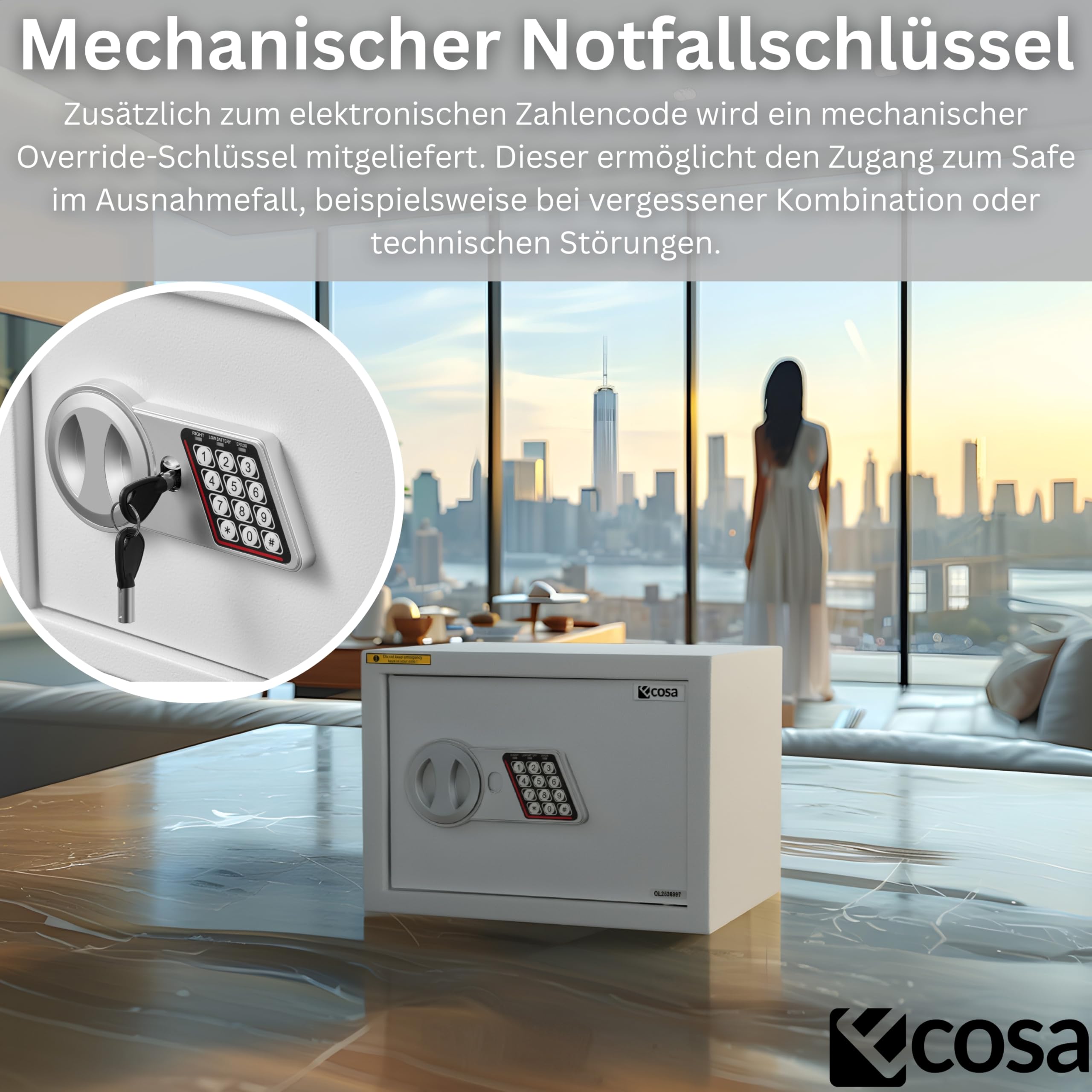 Ecosa Elektroniczny sejf 35 x 25 x 25 cm – sejf meblowy i sejf ścienny z kodem numerycznym i kluczem, sejf hotelowy do domu, 3-krotna, bardzo gruba podwójna blokada bolca, ognioodporny, wodoszczelny