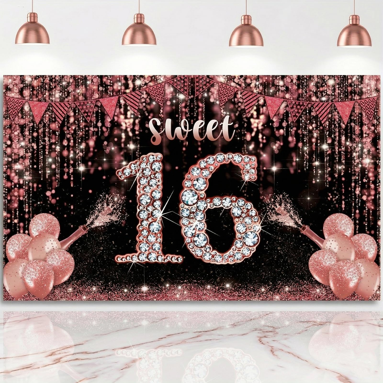 Sweet 16 Birthday Decorations for Girls, Large Rose Gold Sweet 16 Banner, Black and Rose Gold 16th Birthday Backdrop for Photography, Cheers to 16 Years Milestone Party Supplies - 120x80cm