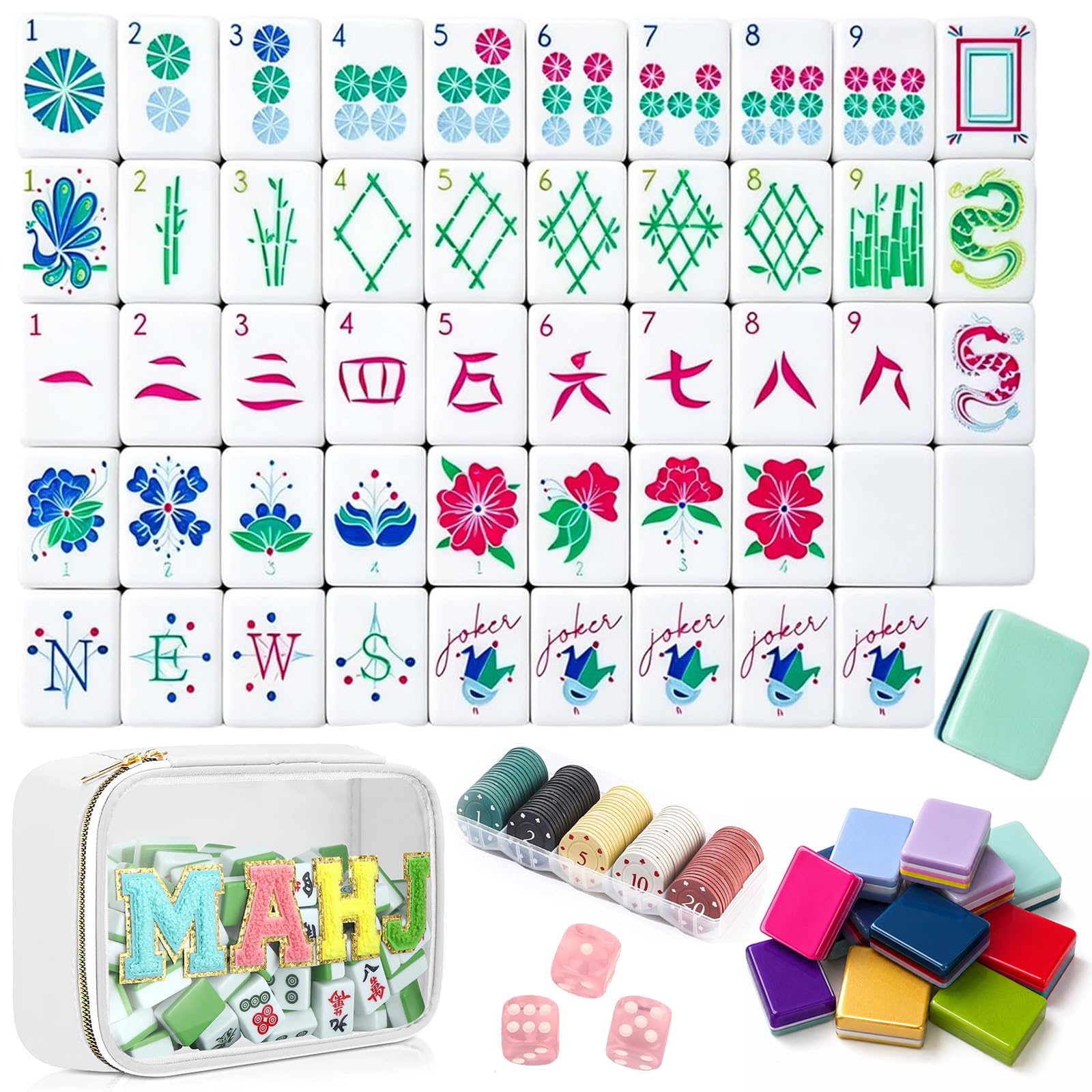 4 Layer Mahjong Tiles, 160 PCS Premium Acrylic Mahjong Tile Set with Clear Engraved Layered Tiles, American Mahjong Set with Dice & Carrying Bag, forTravel Game Nights Family Gatherings (set-5)