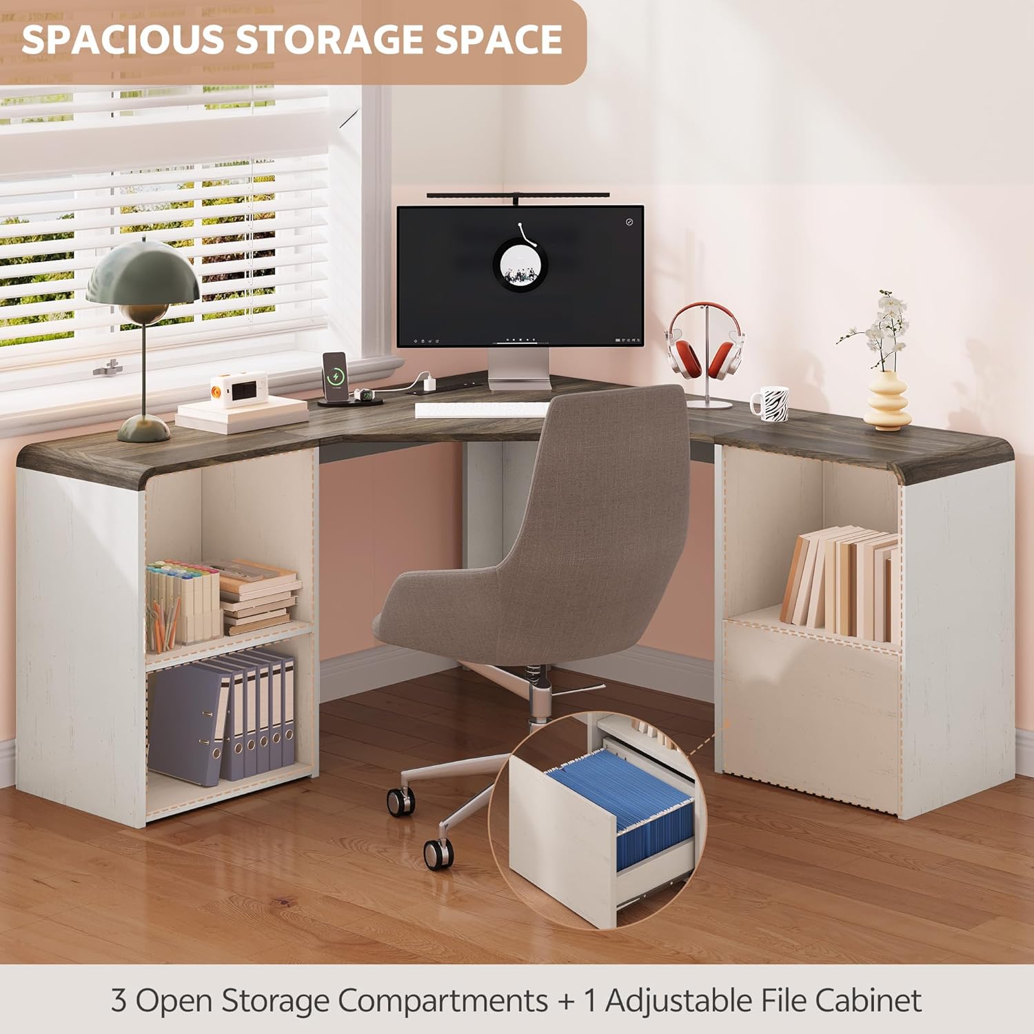 60" L Shaped Desk with File Drawer Modern Corner Computer Desk with Storage L Shape Home Office Desk Executive Desk with Power Outlets Storage Shelves File Cabinet for Working Writing White