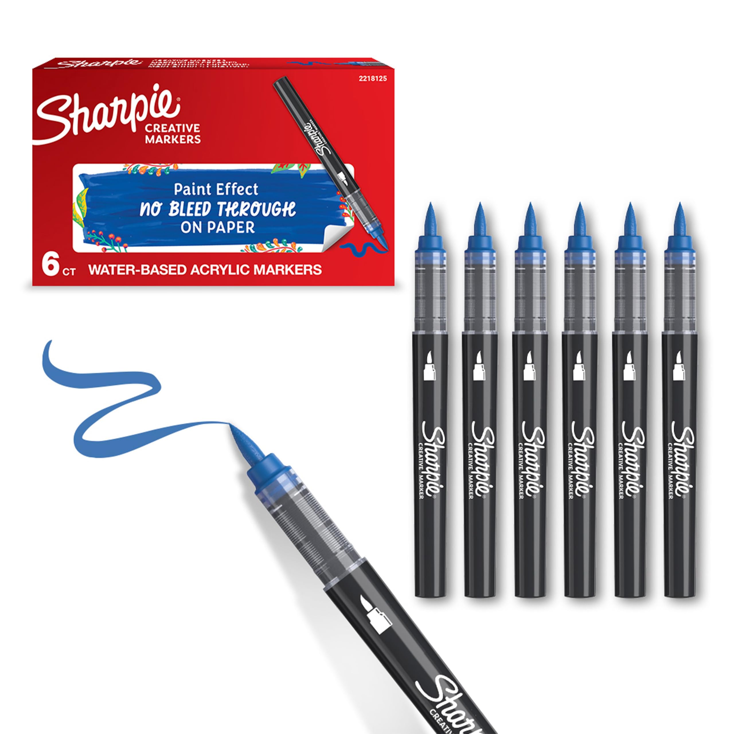 Sharpie Creative Marker Acrylic Paint Pens | Brush Tip Water-Based Paint Markers | Blue | No-Bleed Ink Writes on Most Surfaces | Crafting & Art Supplies | 6 Count