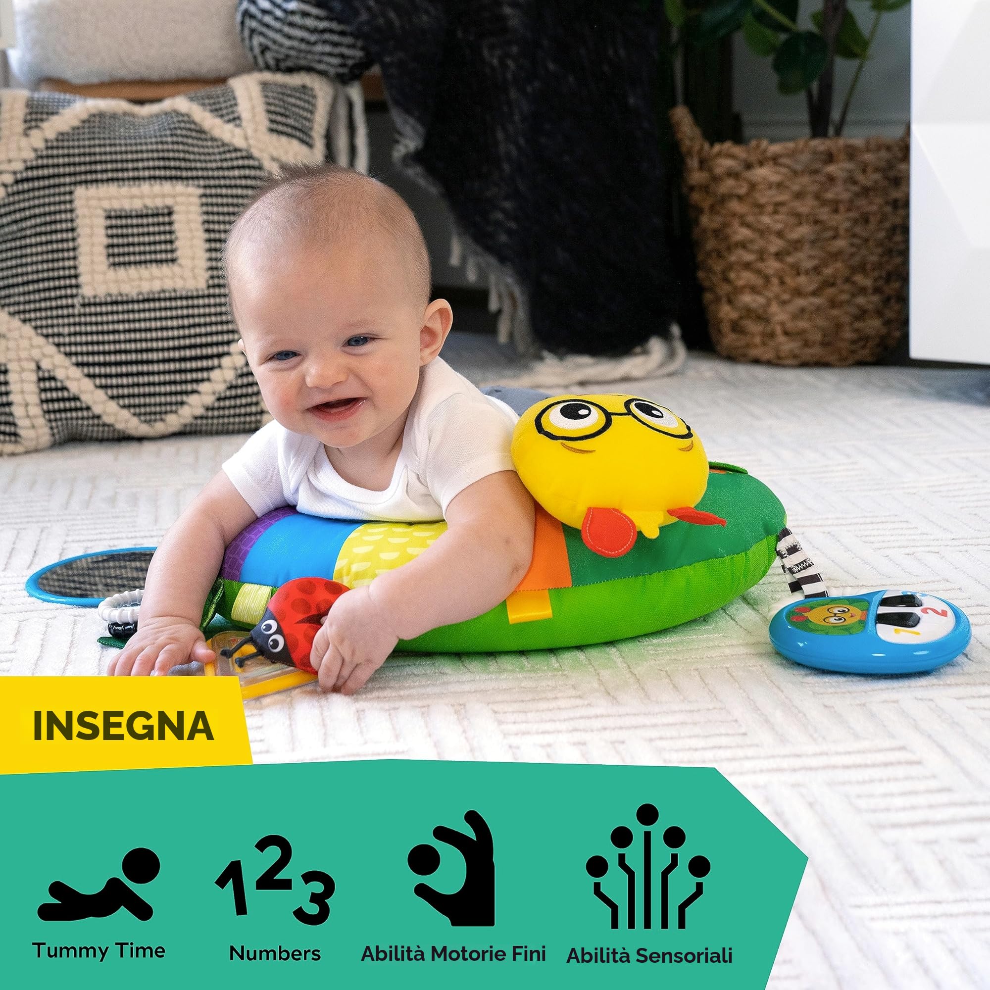 Baby Einstein, Cuscino multiattività per gioco a pancia in giù Cal-a-Pillow, multisensoriale, con il bruco Cal, 0+ mesi