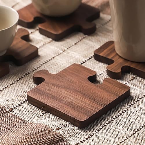 Premium Black Walnut Wooden Puzzle Coasters, Set of 4 Natural Wood Log Tea Coaster with Brio Wax Finish Plate Mat Wooden Coffee Mat Table Placemats