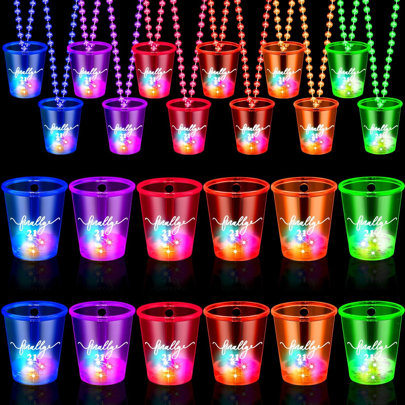 Zeyune 12 Pcs Light up Birthday Shot Glasses Necklaces Finally 21st Birthday Party Favor Glowing Plastic Shot Glass on Beaded Necklace Shot Cups Neon Birthday Gifts Party Decorations, 6 Colors