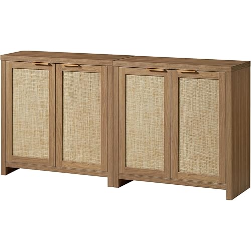 Hampstead Storage Sideboard Cabinet with Rattan Doors and Adjustable Shelves, Buffet Kitchen Cabinet Cupboard Console for Living Room, Set of 2