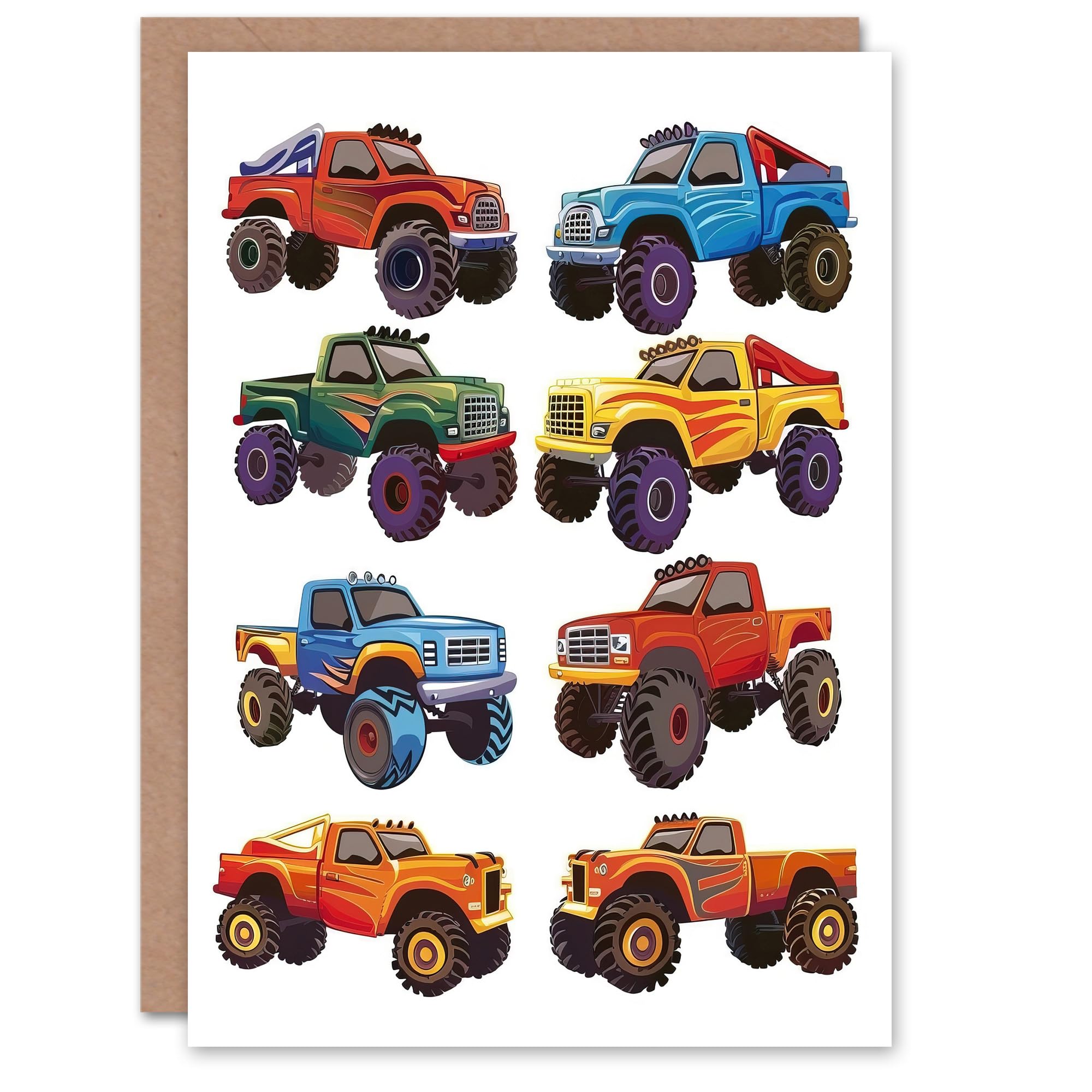 Artery8 Greeting Card Colourful Monster Truck Illustrations Fun Bright For Child Kids Birthday Card