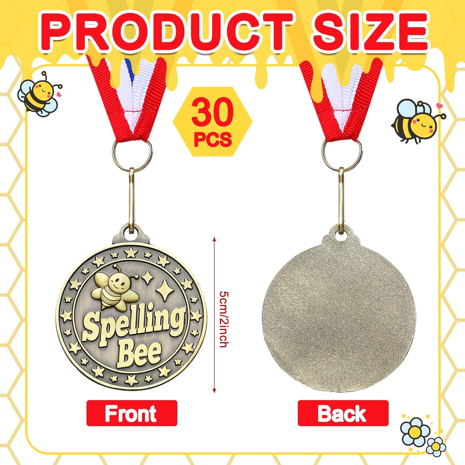 Quelay 30 Pcs Spelling Bee Honeycomb Medals Bulk 2 Inch Gold, Silver, Bronze Spelling Bee Award Medals with Neck Ribbon Metal Trophy Award Prize Gift for Kids Adults Competitions Trophy Party Supplies