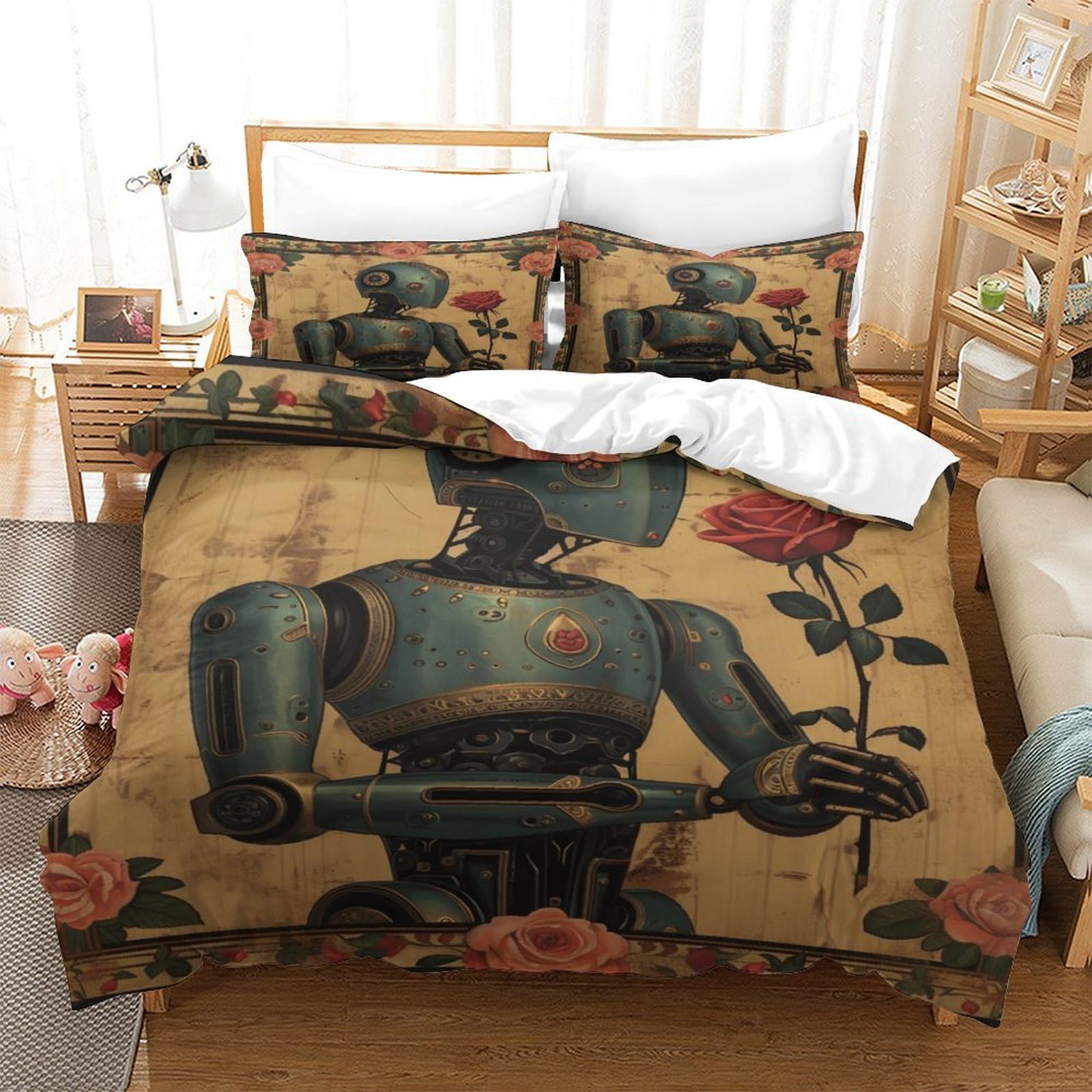 P1S9U7W5Y Vintage Robot 3D Printed Duvet Cover Set 3pcs Microfiber Retro Robot Bedding Set Single（140x200cm）
