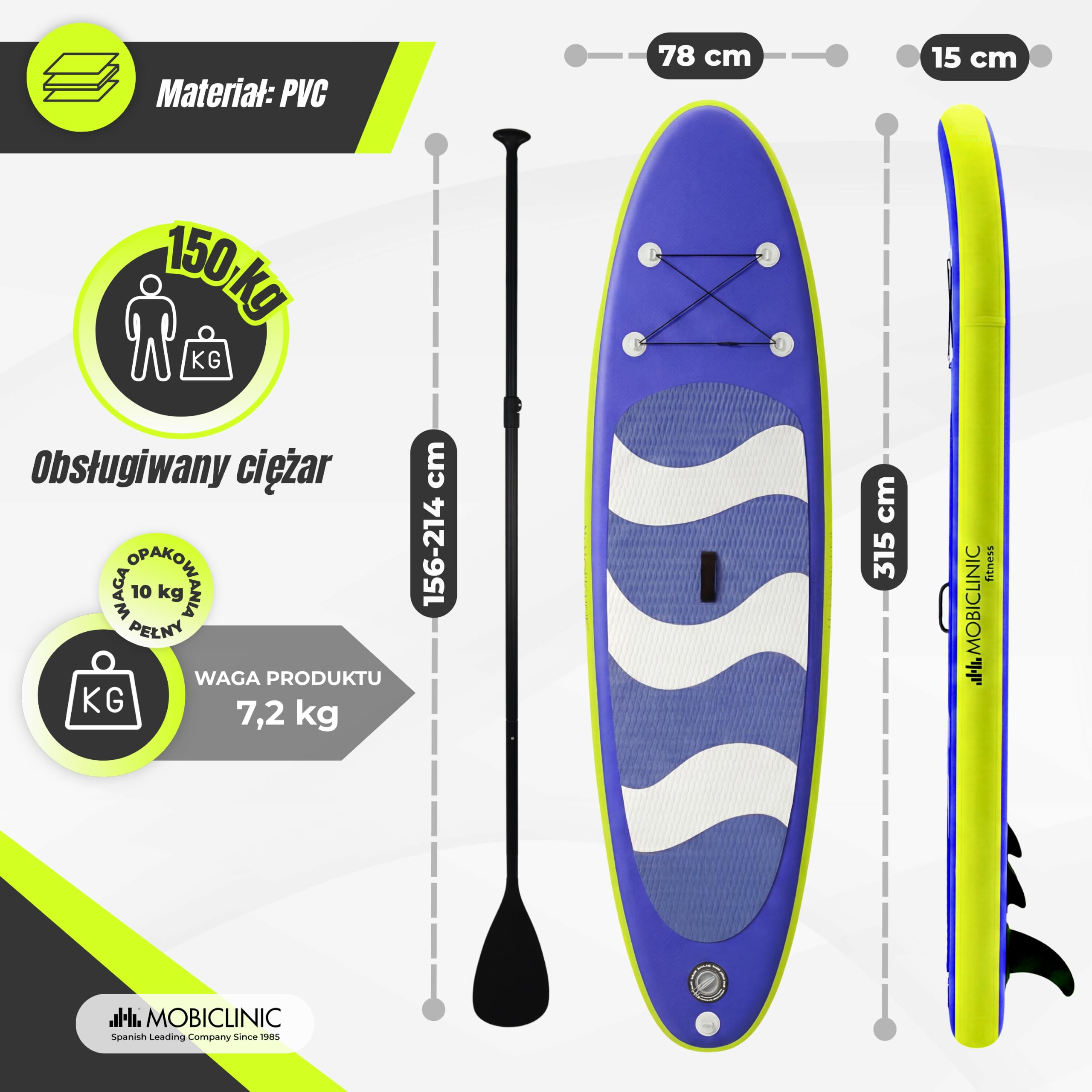 Mobiclinic®, Deska do Paddleboardingu, Zawiera Pompkę, Płetwy, Plecak, Wiosło, Etui na Telefon, Zestaw Naprawczy, 315x78x15 cm, Składana, do 150 kg, dla Dzieci, Dorosłych i Zwierząt Domowych, Stitch