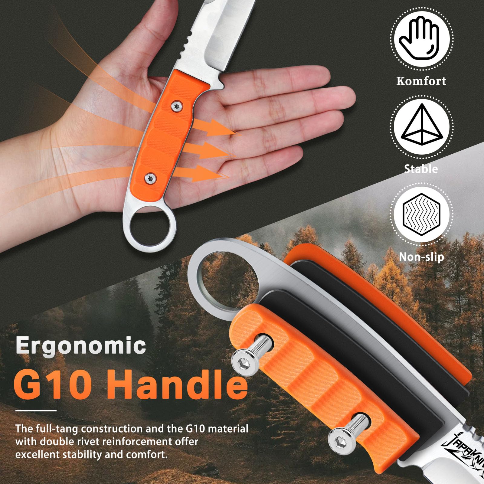 Japaknives Fissa Lama Piccolo Outdoor Coltello 9cm Sopravvivenza Coltello con Guaina Skinner G10 Impugnatura Camping coltello per Campeggio Arancione