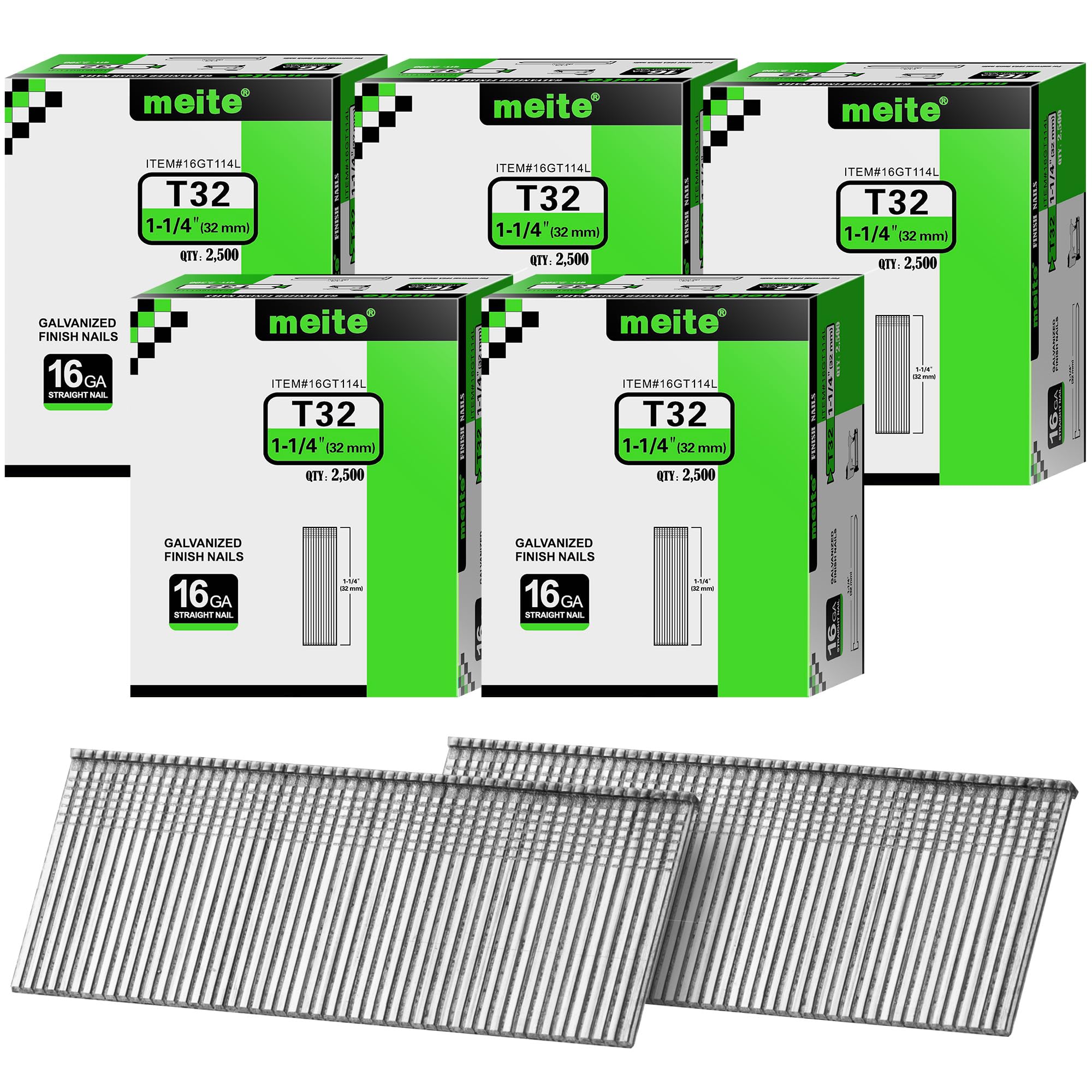 meite 16 Gauge Finish Nails 1-1/4 Inch Galvanized Straight T-Nail 12,500PCS
