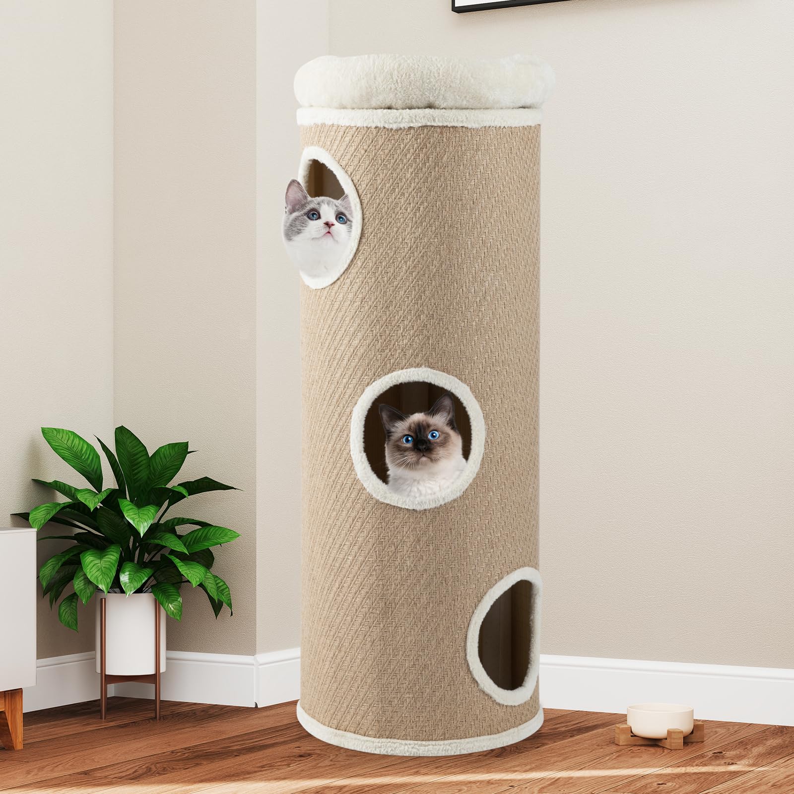 COSTWAY Barril Rascador de 4 Niveles, Poste rascador para Gatos para Múltiples Gatos con Cama de Percha Removible, Tablero Rascador de Sisal, Estera de Bambú para Gato de Interior (De Yute)