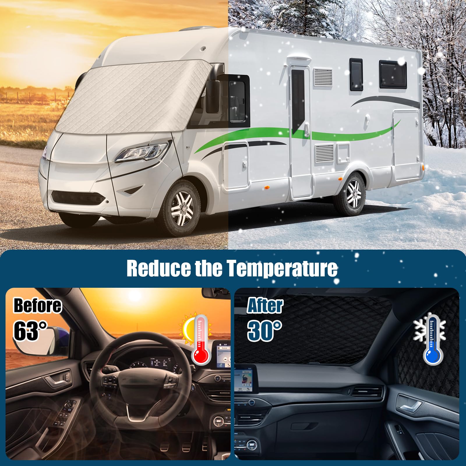 Auto Windschutzscheiben Abdeckung für Integrierte Wohnmobile, Frontscheibe Wrap Cover Wasserdichtes für A-Class, Frontscheibenabdeckung Reisemobil, Schnee EIS Frost Staub Sonne, Silber
