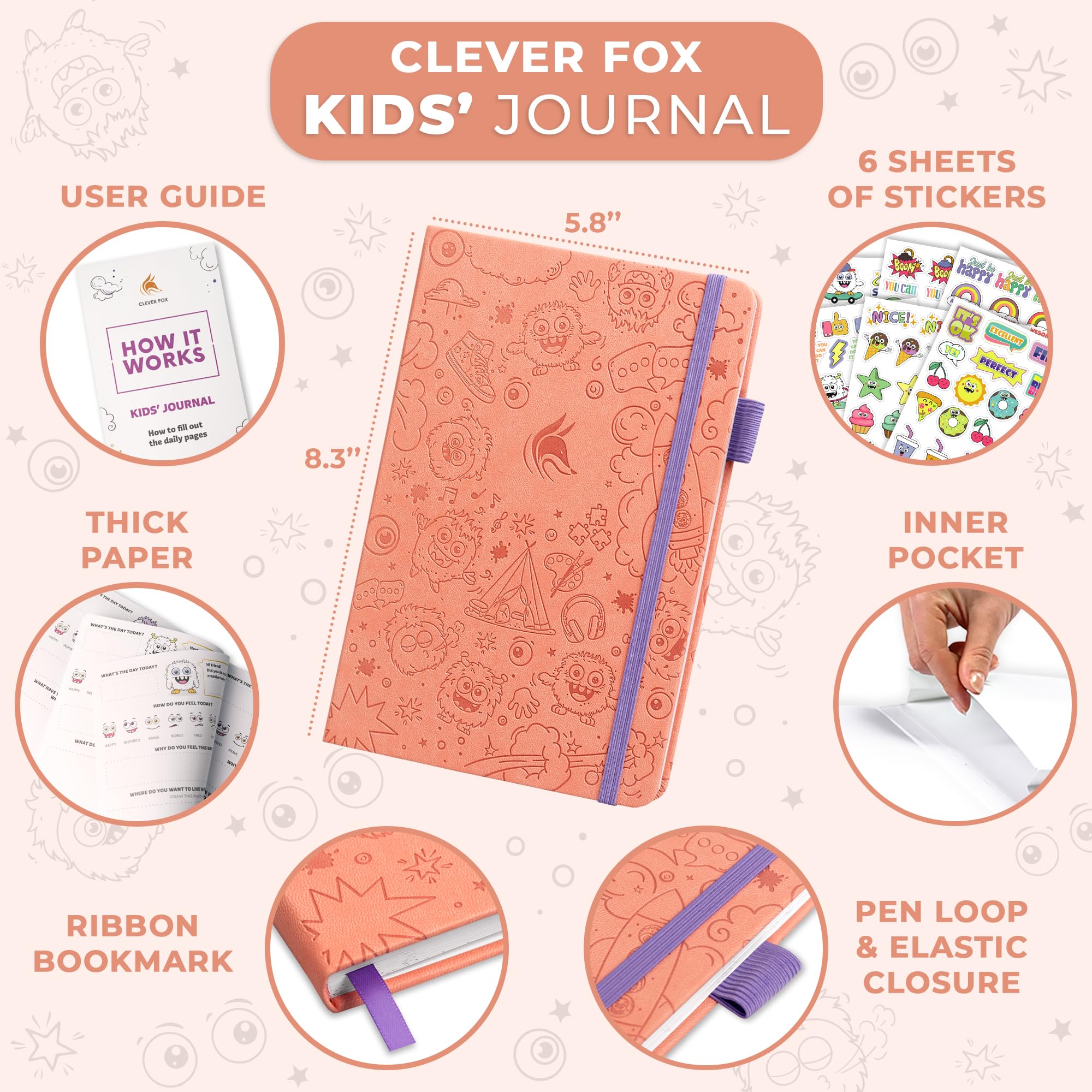 Clever Fox Kids’ Journal – Daily Feelings & Gratitude Notebook for 8+ Children – Child’s Planner & Mood Tracker for Journaling & Writing (Peach Pink)