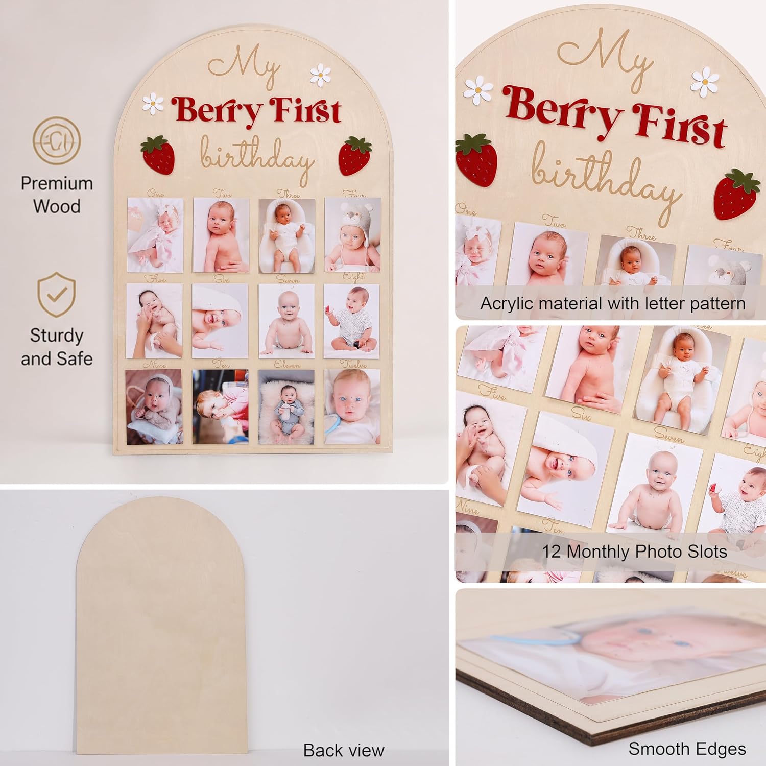 My Berry First Birthday Photo Board - Wooden Monthly Milestone Picture Frame, Strawberry 1st Birthday Decorations For Girl, Personalized 12 Month Photo Display, For Nursery Wall Decorations
