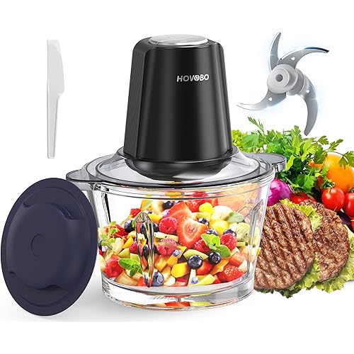 Food Processor Electric Meat Grinder 500W Food Chopper with 8 Cup 2L Glass Bowl & 4 Large Sharp Blades 2 Speed for Vegetable Kitchen Cutter Medium Super Powerful Chopping Grinding