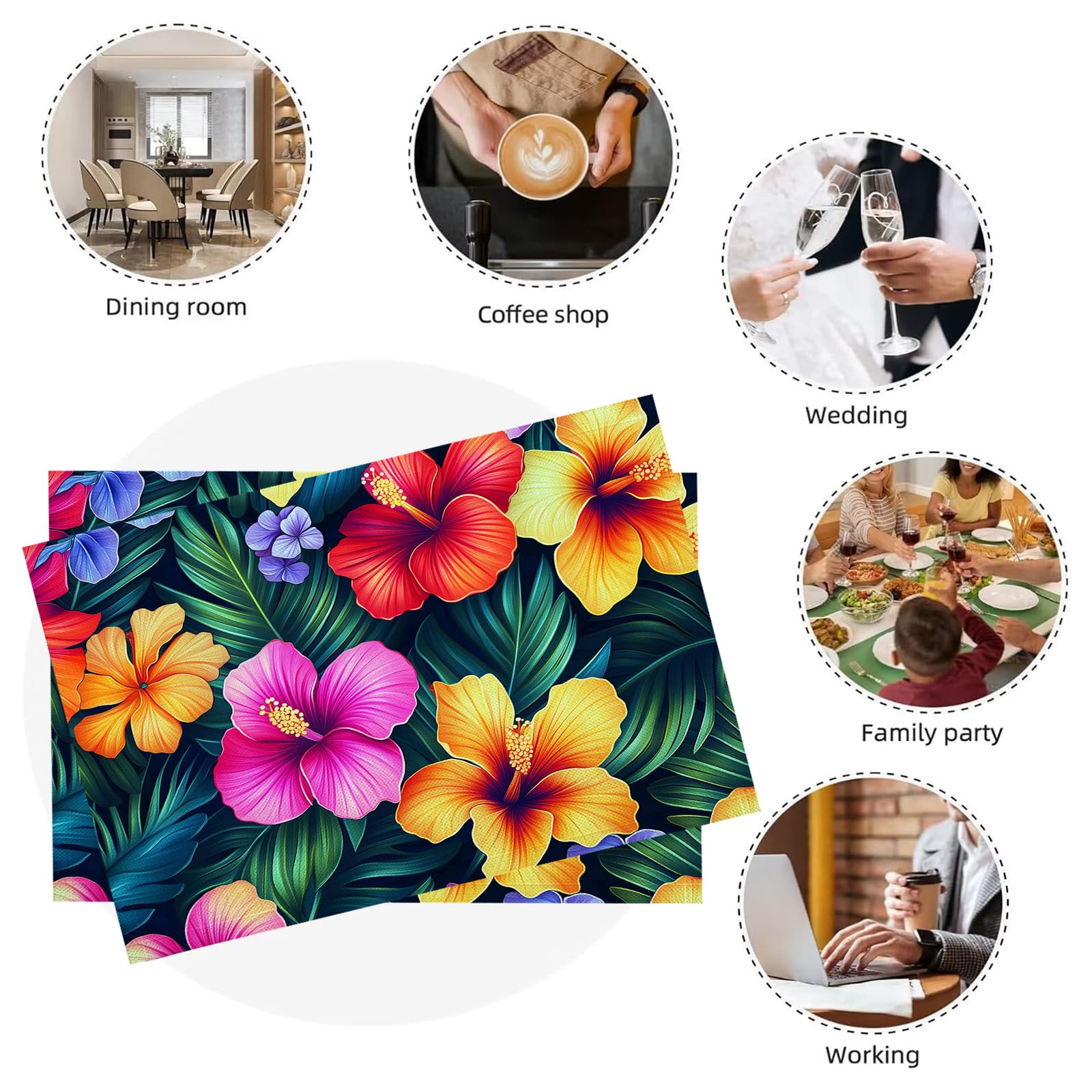 Set di 8 Tovagliette Americane Lavabili Cotone Lino Ibisco - Tovaglietta Americana Resistenti al Calore Durevole Fiori tropicali - per Colazione Pranzo 30×45 cm