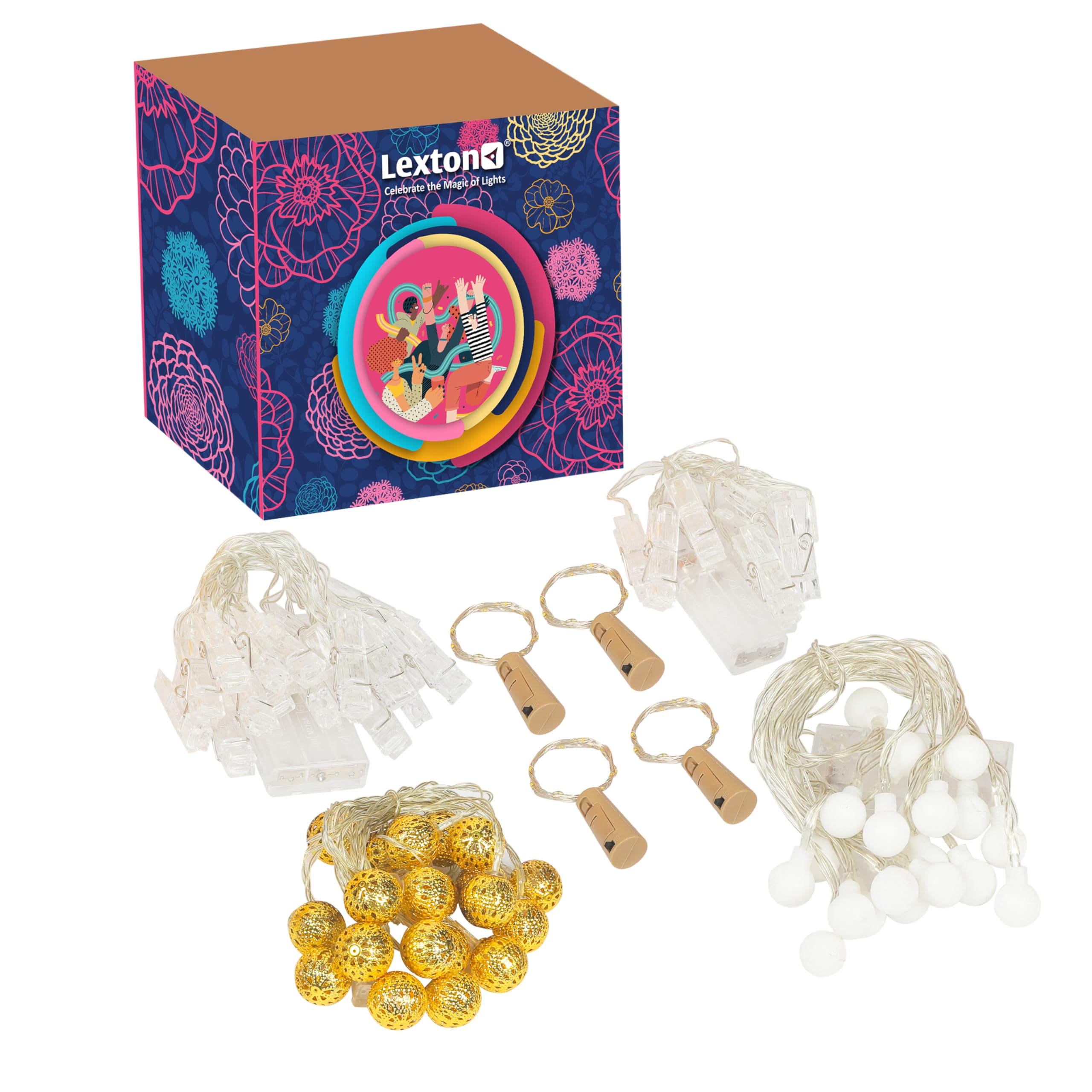 Lexton Lights Combo of White Bulb Light | Golden Ball Light | PhotoClip 10 Clips Light | Battery Powered Photoclip Light 20 Clips & 4 Cork Light for Festivals Decoration Diwali Christmas Warm White-image-37