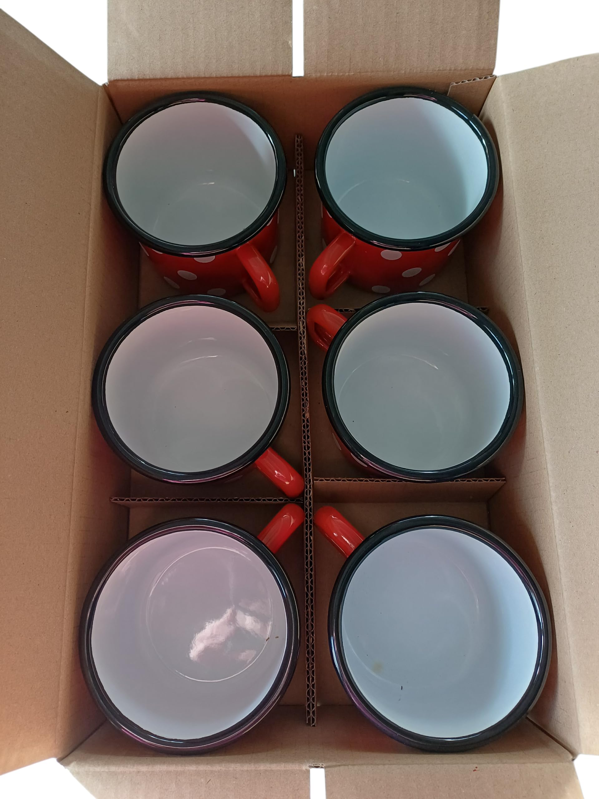 Surtido de 6 Tazas de Metal esmaltado - Rojas con Puntos - 500 ml