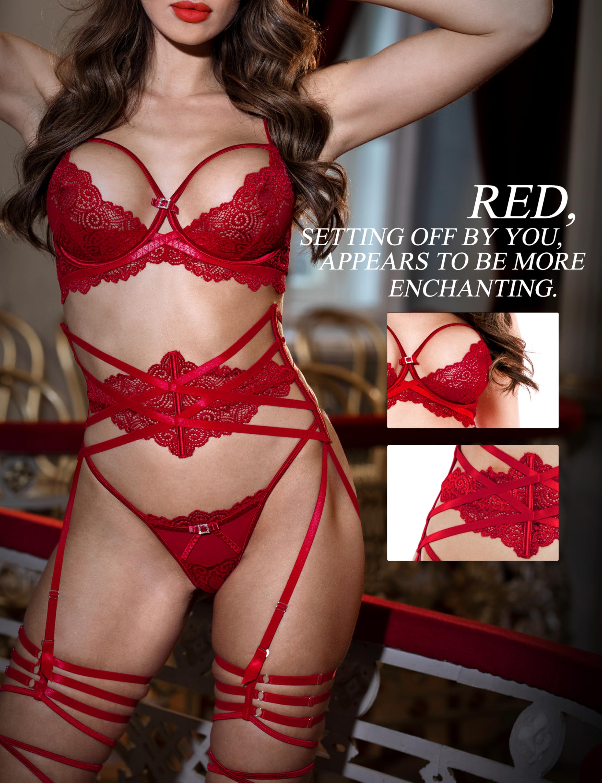 Conjunto de Ropa Interior Sexy en Encaje, sostén en Encaje y Tirantes lumbares y Pantalones pequeños, Juego de 3 Piezas