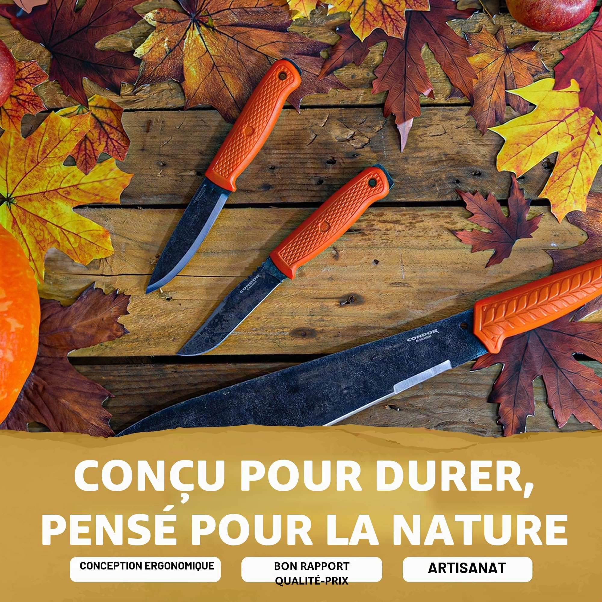 Condor Couteau Bushcraft Terrasaure Orange - Acier à haute teneur en carbone 1095 - Lame fixe Scandinave - Gaine en polypropylène résistant aux chocs