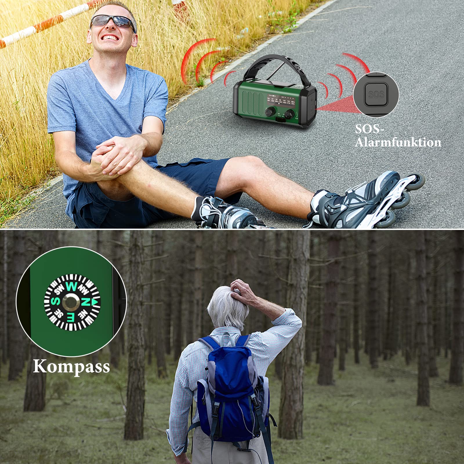 Radio a manovella, 10000 mAh, con manovella di emergenza, FM/AM portatile, radio di emergenza Dynamo Radio ricaricabile con funzione di ricarica del cellulare, torcia a LED, lampada da lettura
