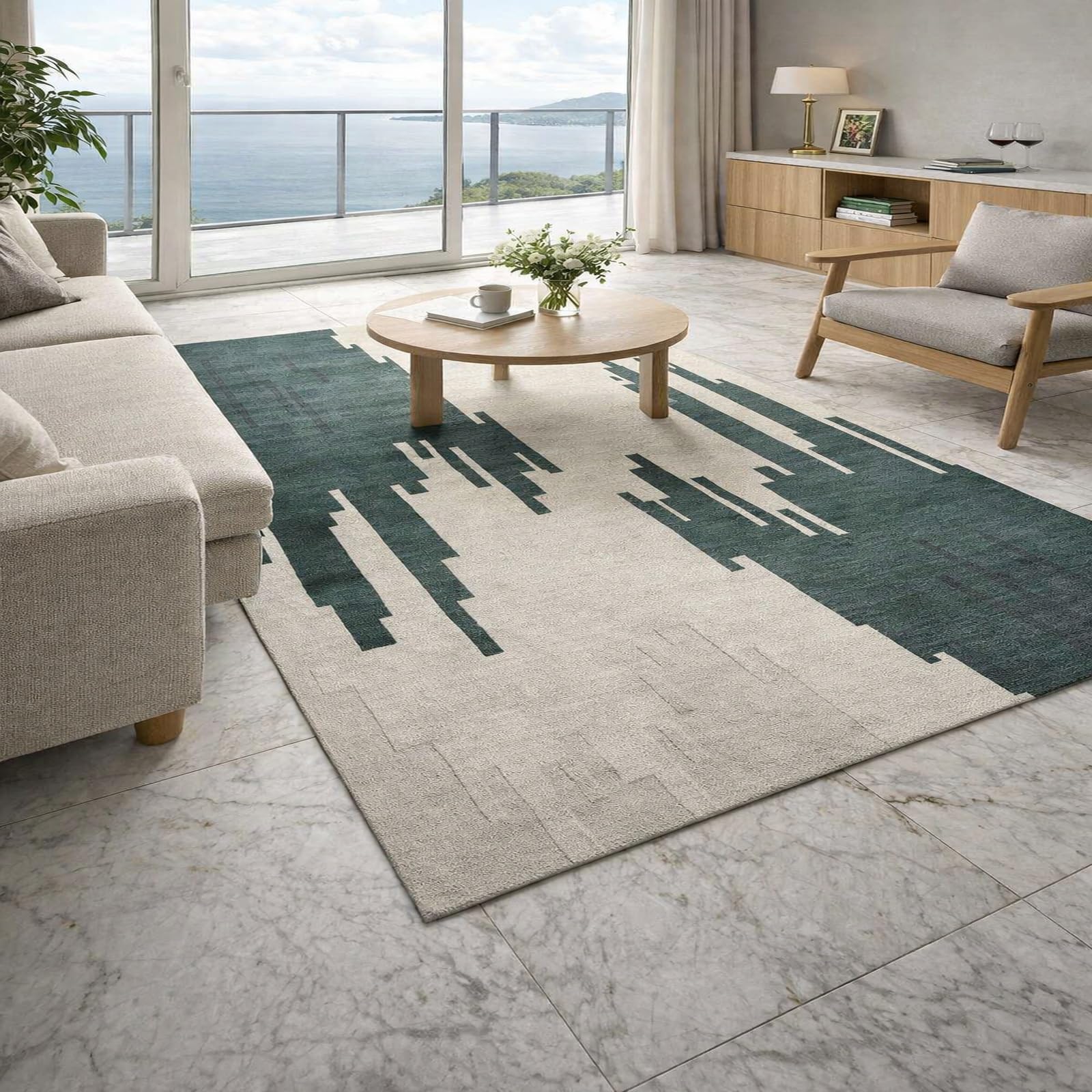 Tapis de salon chambre poils ras moderne abstrait vert blanc de maison 120x200