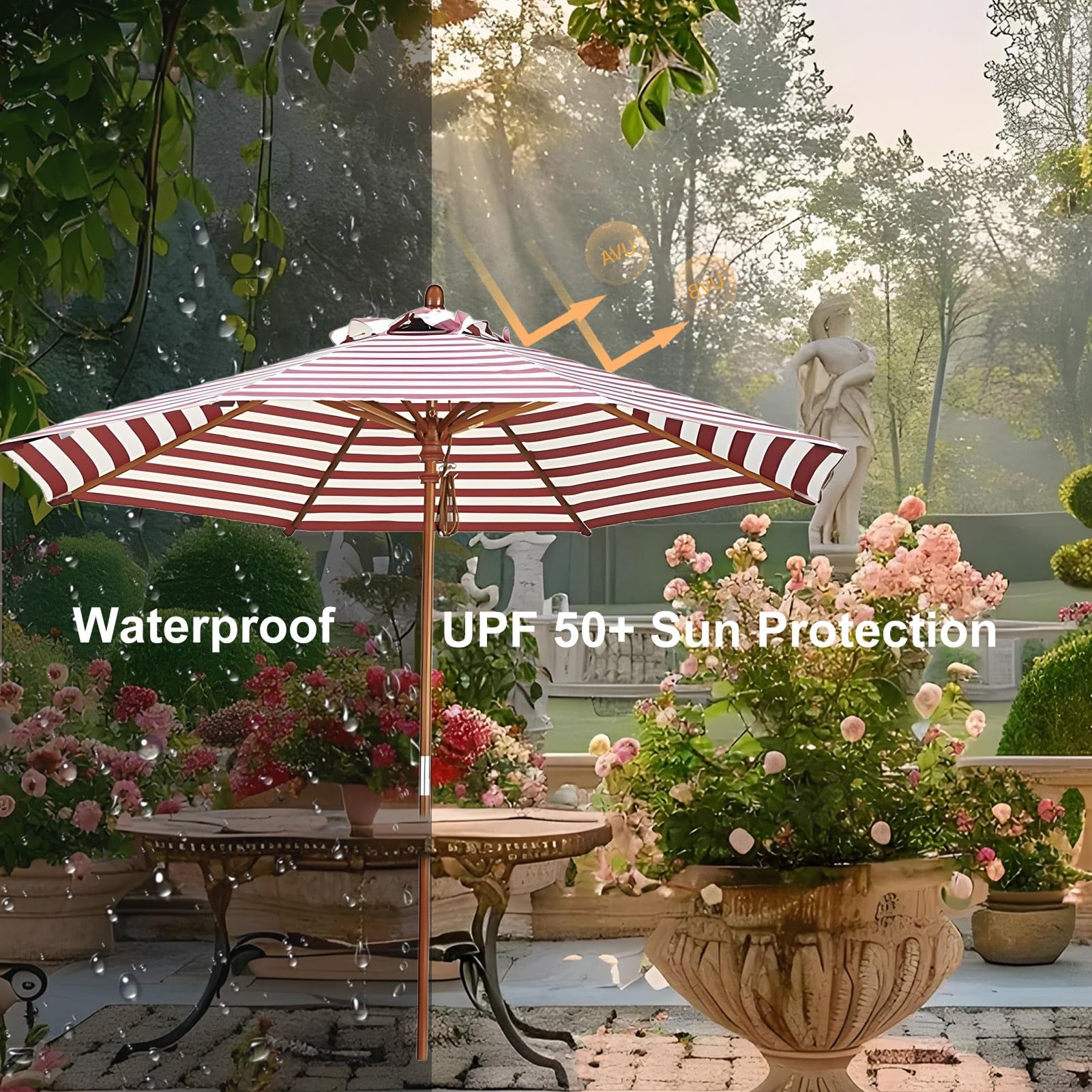 Drewniany parasol ogrodowy 270cm, Czerwony, paskowany parasol ogrodowy, Parasol zewnętrzny z ochroną UV50+, Drążek 38 mm