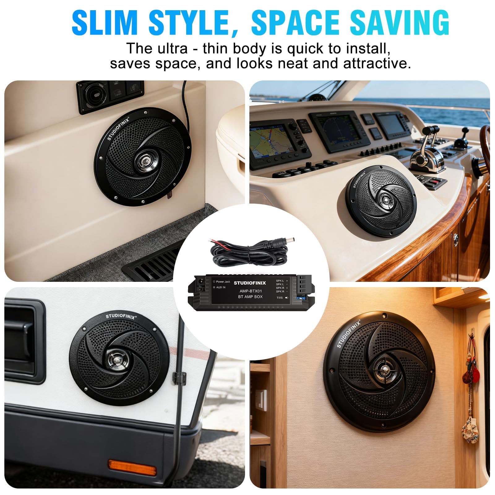 STUDIOFINIX 6,5" 240W Bluetooth wasserdichte Marine-Lautsprecher, 2-Wege wetterfest mit LED-Leuchten, schlank flach, für Boot, Wohnmobil, ATV, UTV, Golfcart (1 Paar, Schwarz)
