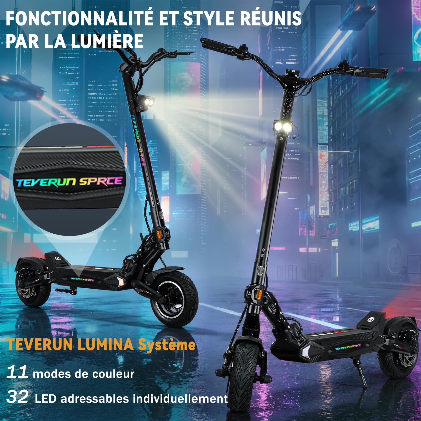 Teverun Space Lite Trottinette Électrique Adulte, 25km/h Max., Double Moteur de 500W, Double Suspension, Pneus Tubeless de 10", IPX6, Autonomie 60km, Trottinette Électrique avec Application
