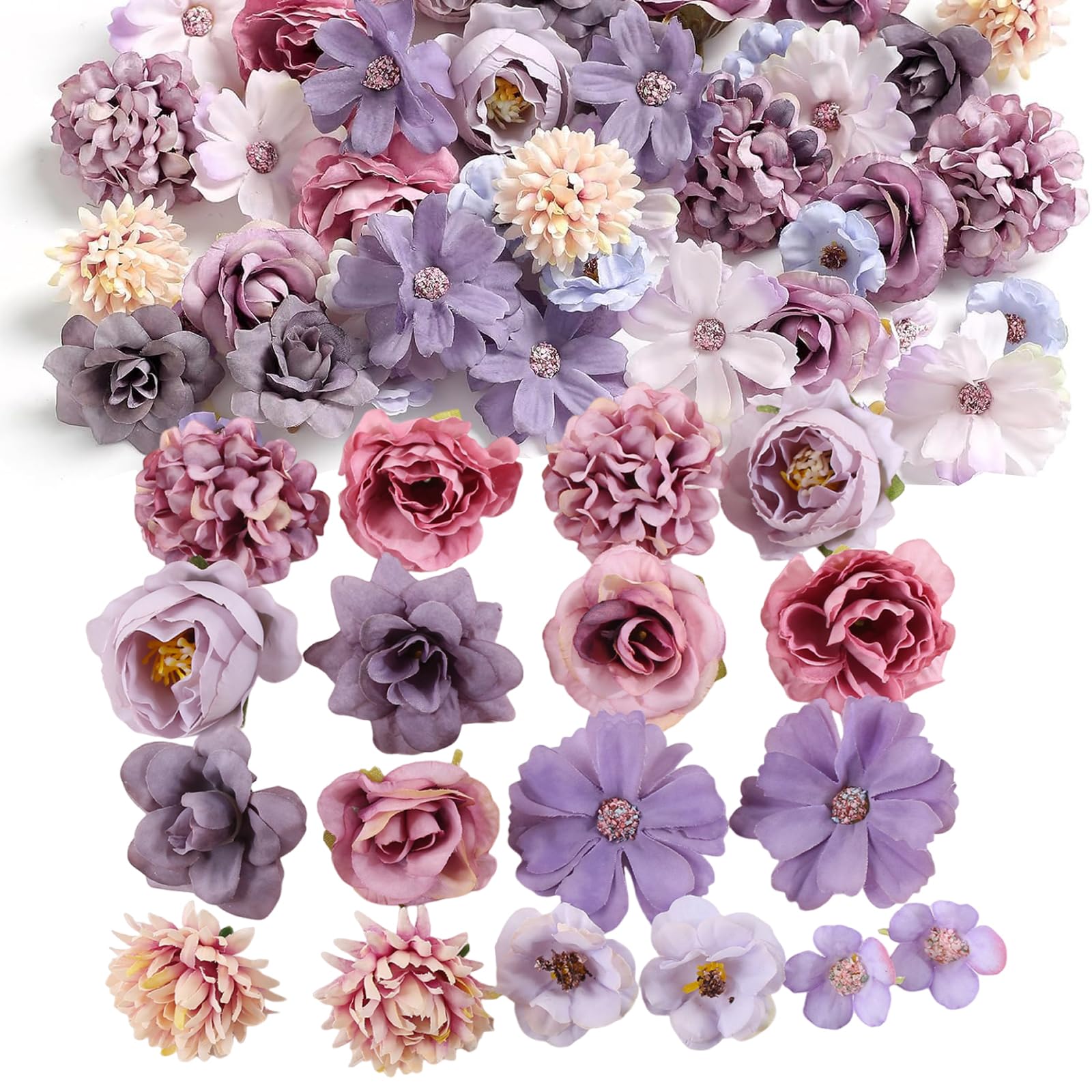 Norhogo 40pcs Artificial Flowers Heads, Series Mini Decorative Flower Heads 2–4 cm, Fake Flower Decorations for Flower Wall Panel DIY Party Cake Decorative Bridal Bouquet Wedding Party (Purple)