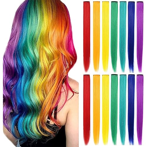 IAMERUI Multicolors Party Highlights Straight Hair Colorful Clip in Synthetic Hair Extensions in Multiple Colors Heat Resistant Long Hairpiece 14PCS (Rainbow Color)