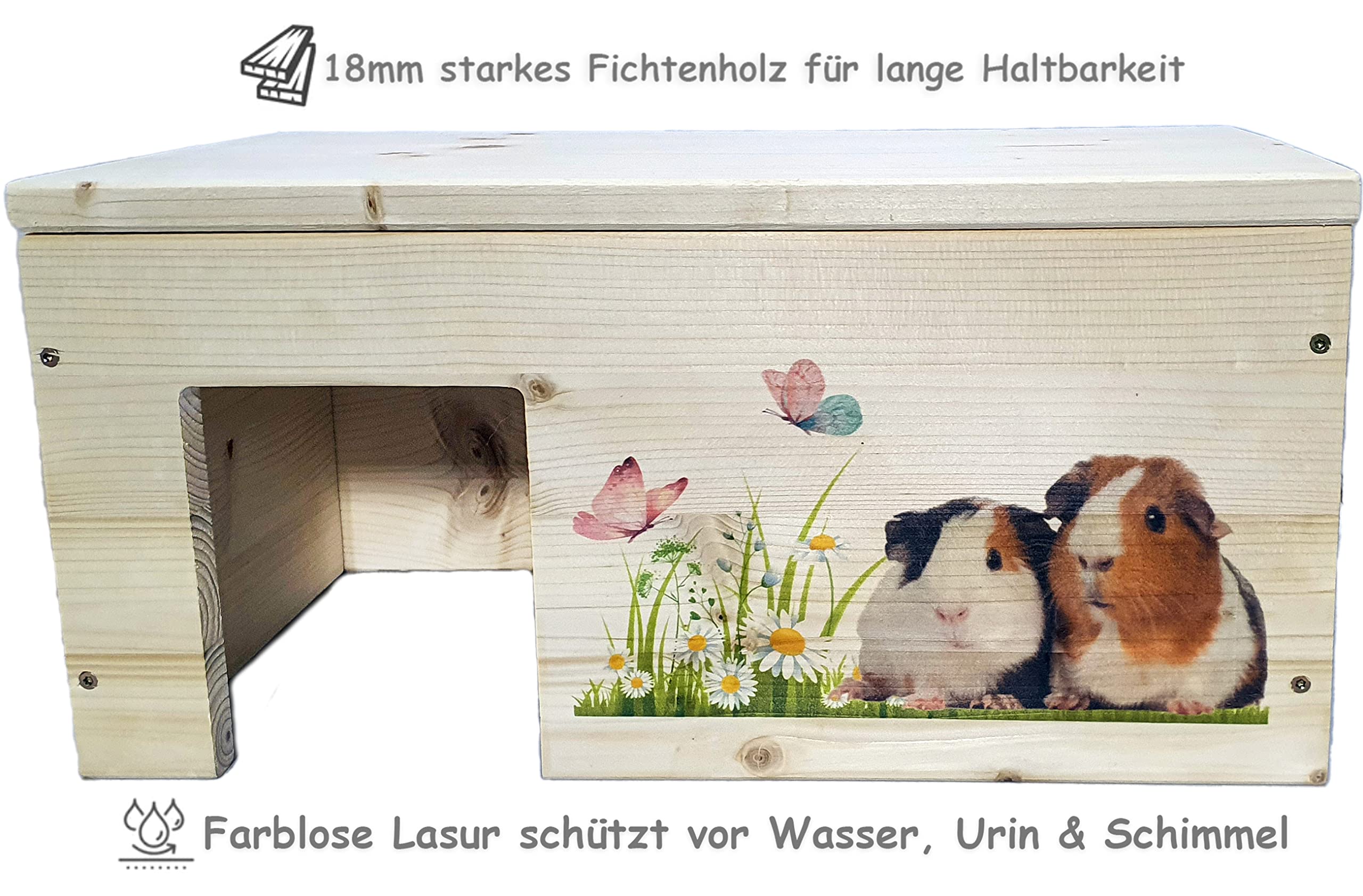 Meerschweinchenhaus aus Holz mit 2 Eingängen, Outdoor, Groß, Holzlasur & Aufklappbar / 45x25x22cm