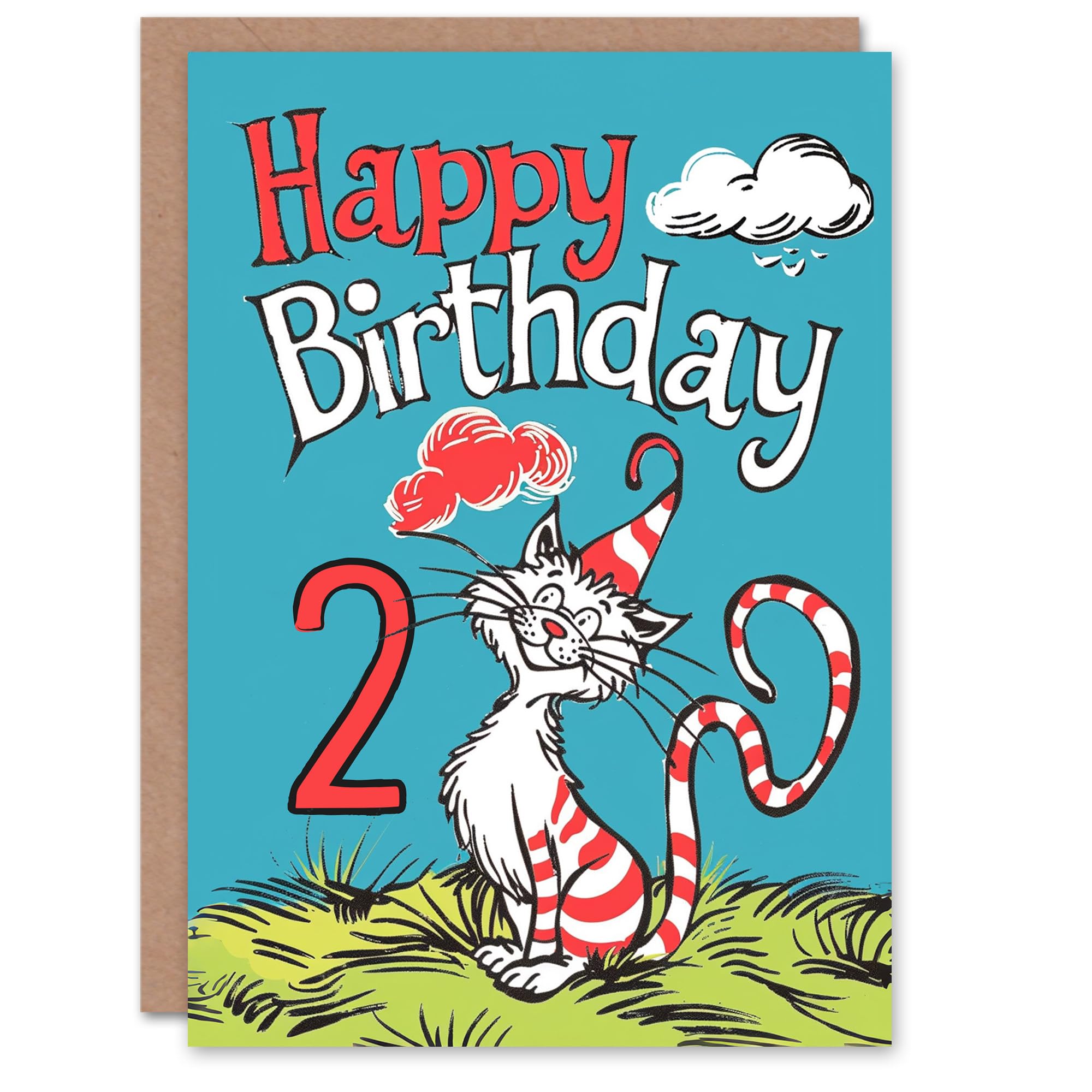Artery8 Birthday Card Cat Lover Red Stripes Hat Kitty Strange Fun 2nd 2 Year Old For Child Kids Son Daughter Greeting Card